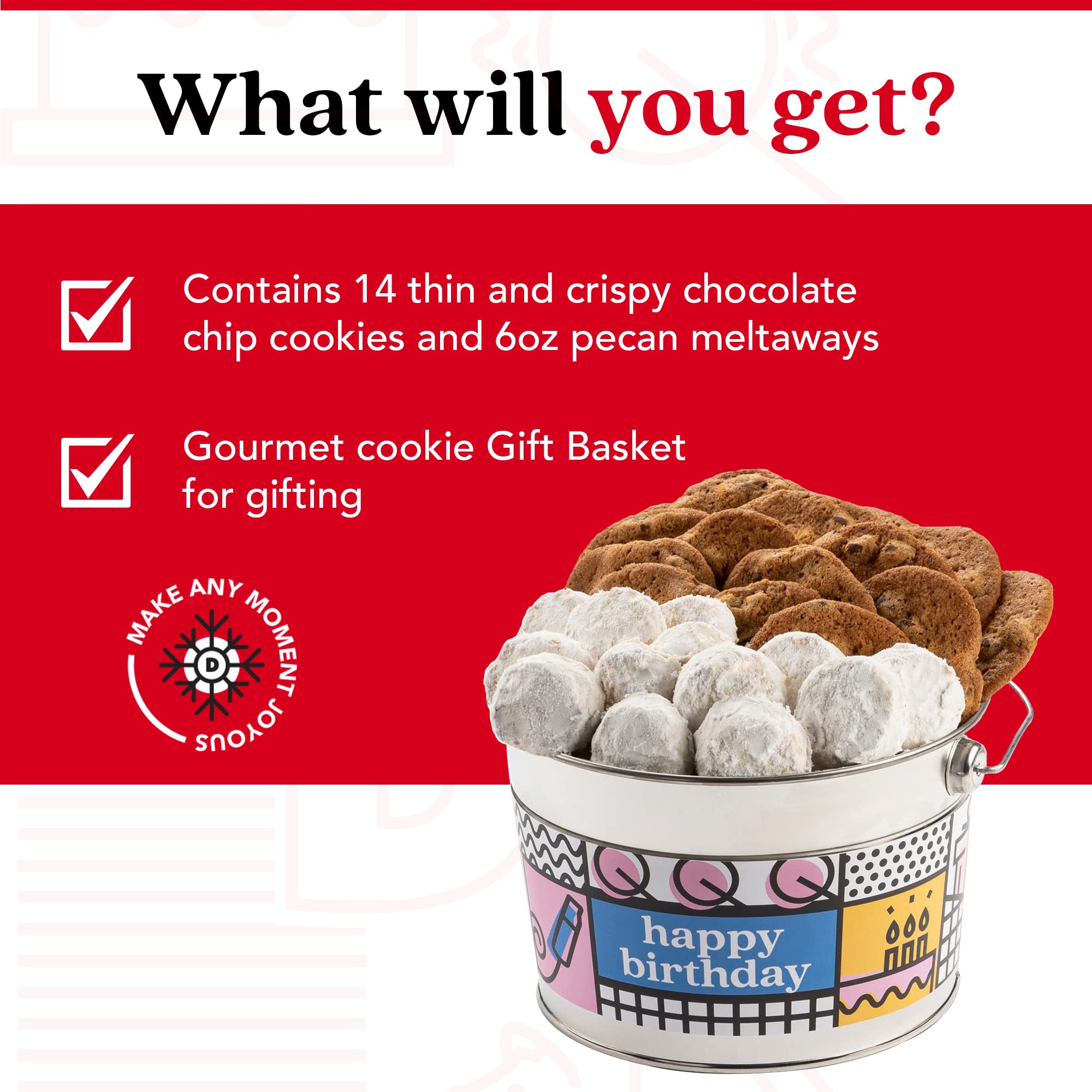 David’s Cookies Happy Birthday Cookies Bucket with Thin Crispy Cookies and Butter Pecan Meltaways Treats - Gourmet Cookies Gift Basket - Ideal