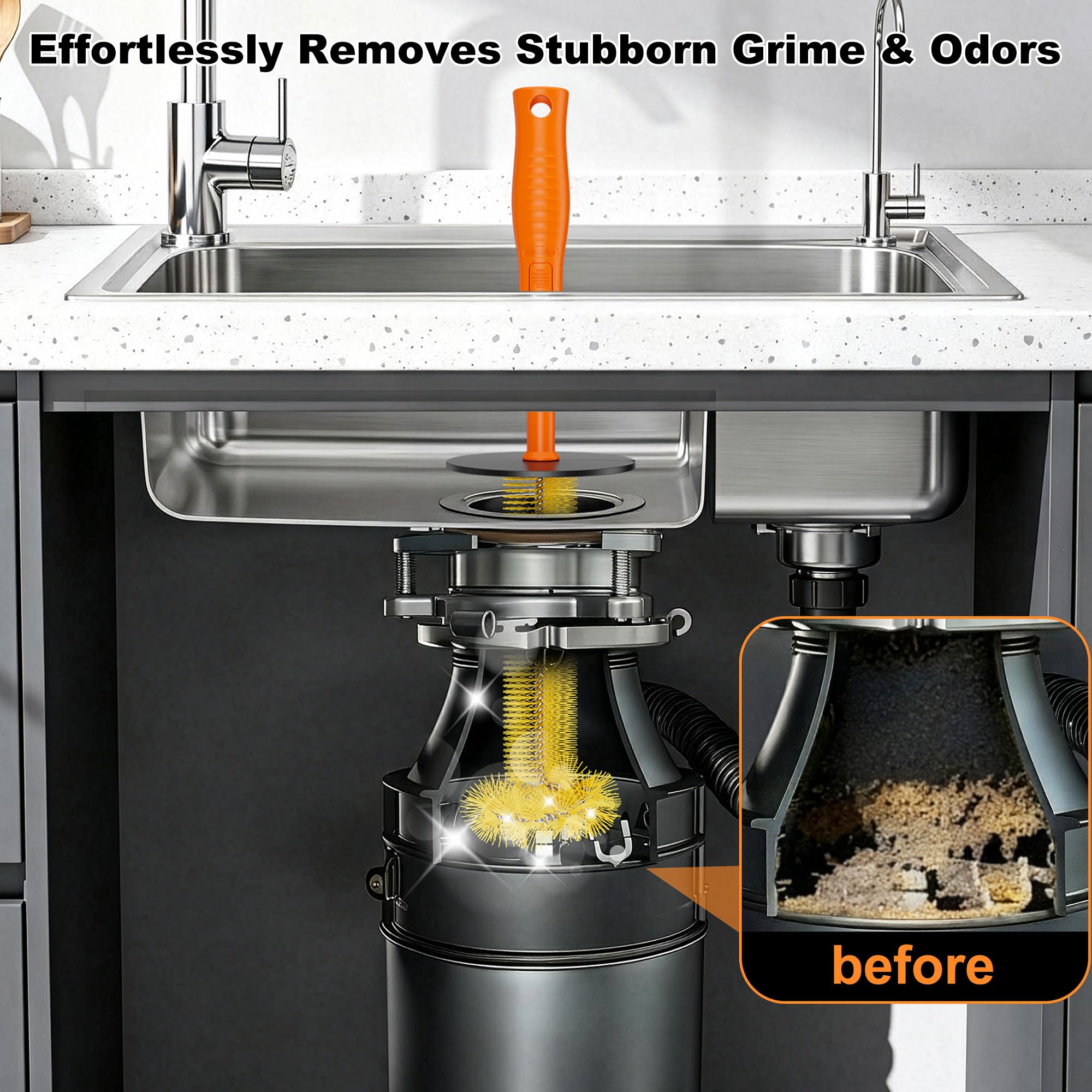 Universal Garbage Disposal Brush - 360° Rotating Head with Rubber Splash Guard, 17.7 Inches,Long-Handle Sink & Disposer Cleaner