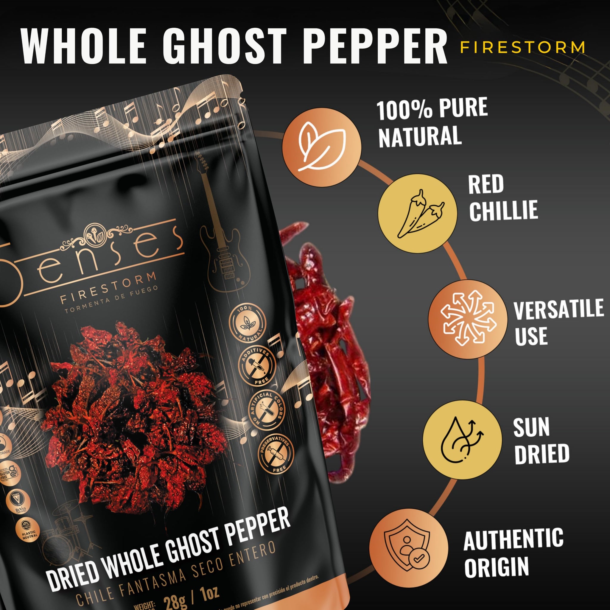 5Senses Dried Whole Ghost Peppers | Bhut Jolokia, Chile Fantasma | Firestorm | Single Origin, 100% Natural, Non-GMO, Fairtrade, Vegan Spice, Whole