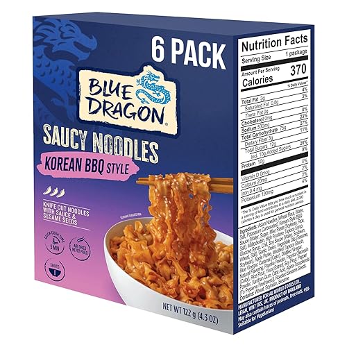 Blue Dragon Korean BBQ Saucy Noodles - 4.2oz (Pack of 6) - Knife Cut Thick Noodles w/Korean BBQ Sauce & Sesame Seed Garnish - Quick & Easy Meal