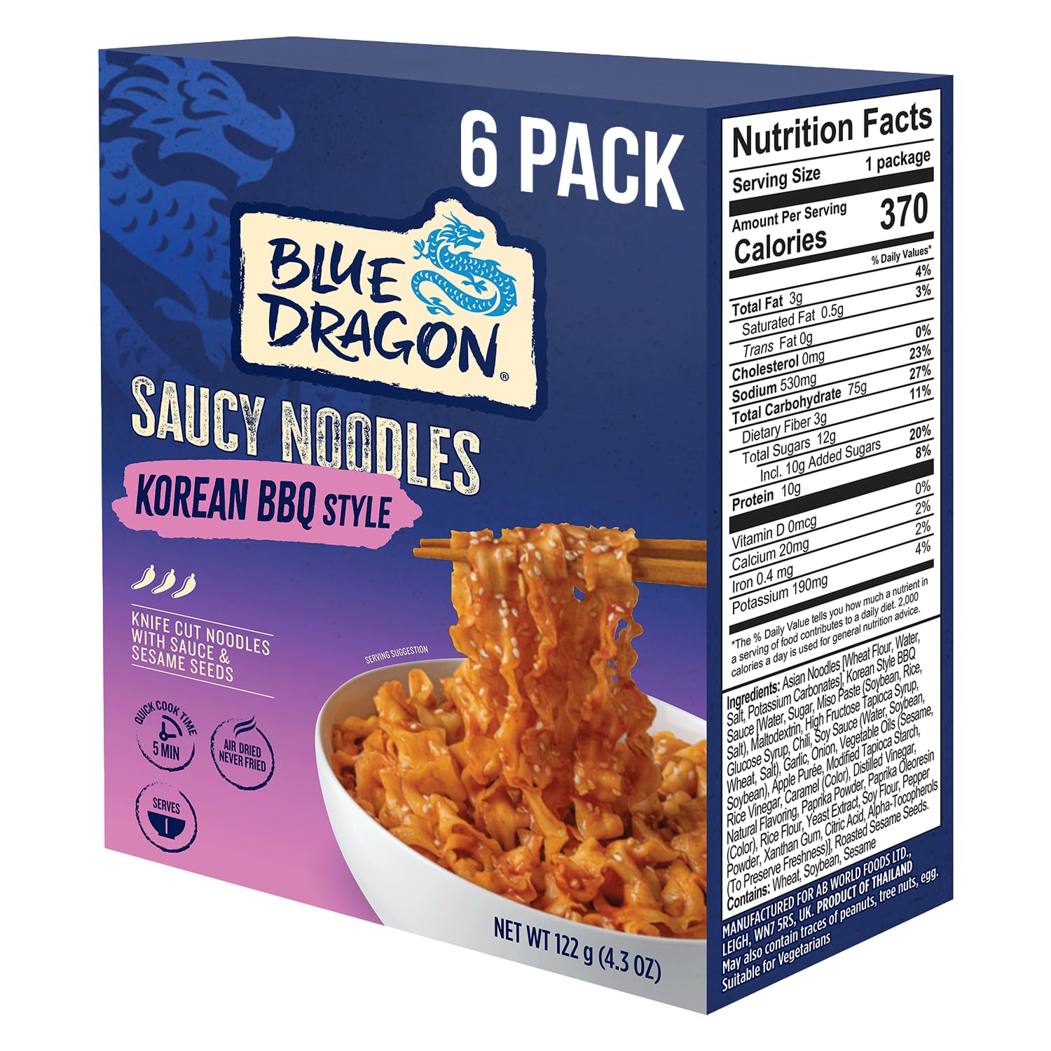 Blue Dragon Korean BBQ Saucy Noodles - 4.2oz (Pack of 6) - Knife Cut Thick Noodles w/Korean BBQ Sauce & Sesame Seed Garnish - Quick & Easy Meal