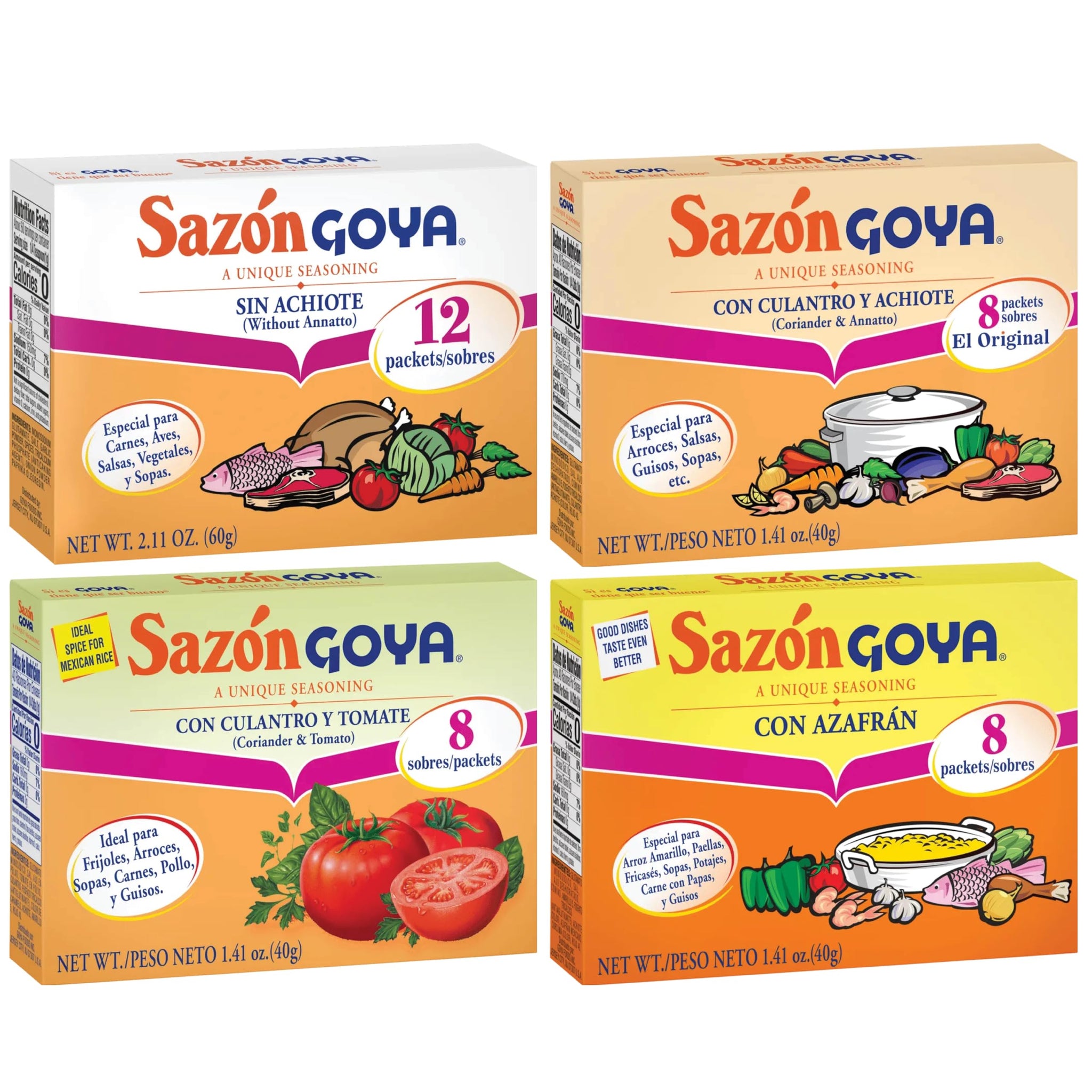 Sazon Goya Unique Seasoning Variety 4-Pack Bundle, Culantro Y Achiote (with Coriander & Annatto),Con Azafran, Coriander and Annatto, Sazon Without