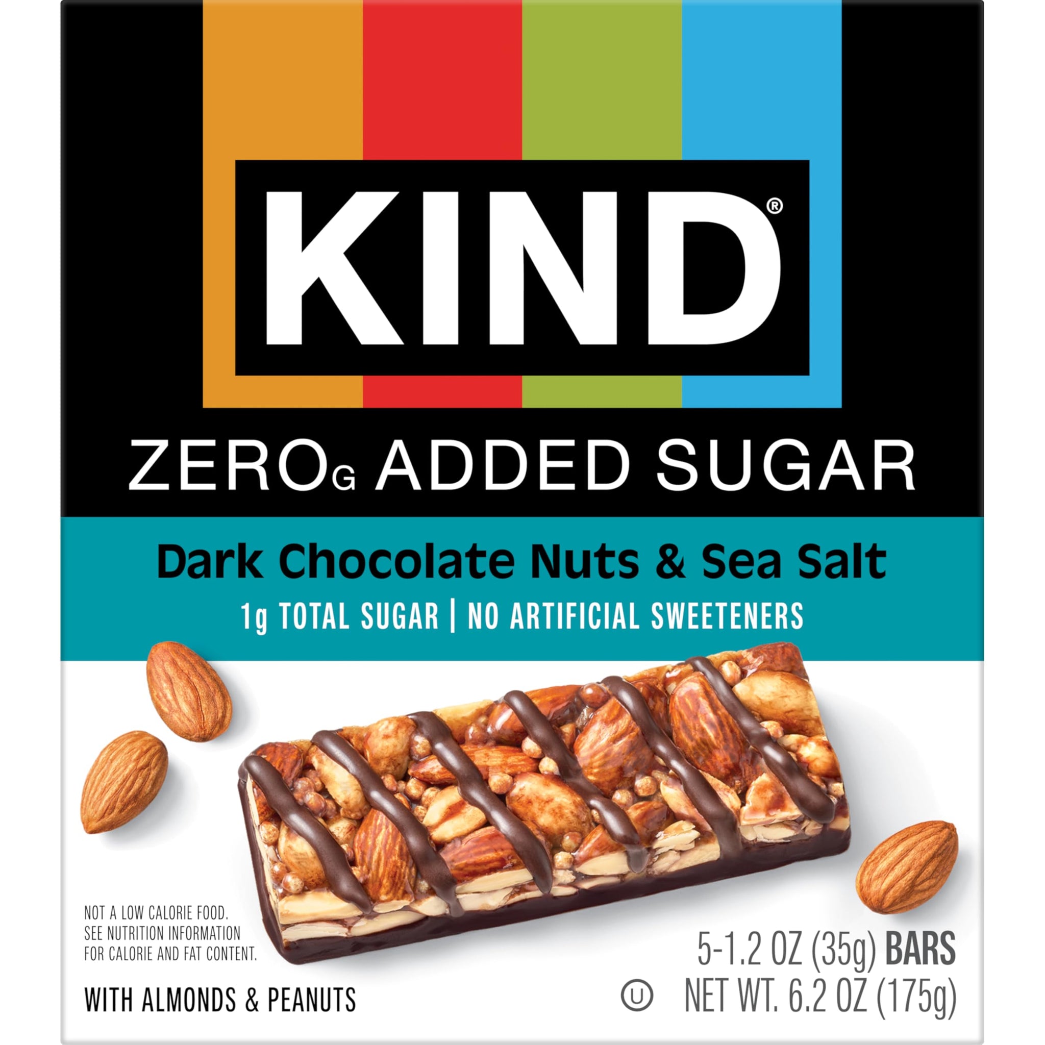 Kind Zero Added Sugar Healthy Snacks Bars, Dark Chocolate Nuts & Sea Salt, Gluten Free, High Fiber, Keto Snacks, 5g Protein, 30 Count