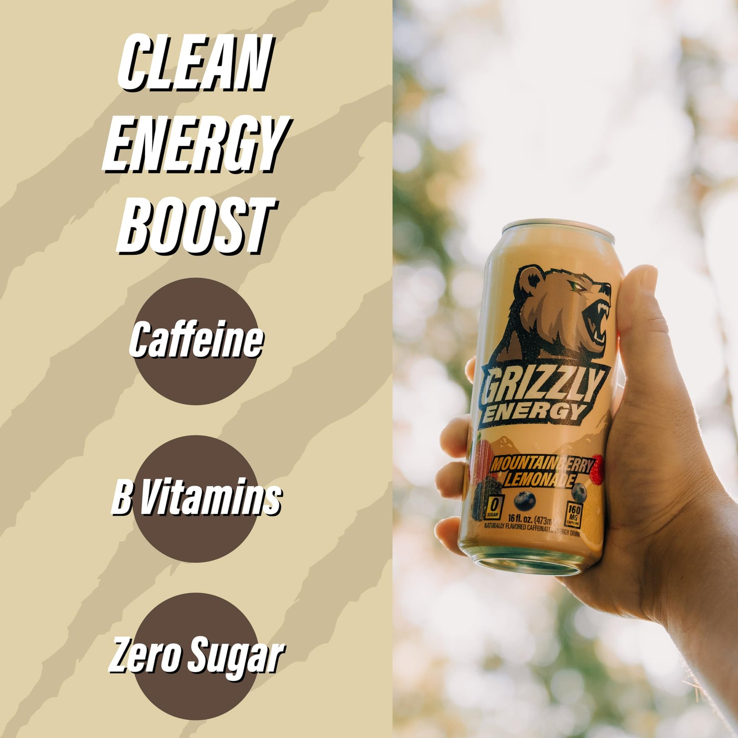 GRIZZLY Energy Drink Mountainberry Lemonade Taurine B Vitamins & 160mg Caffeine - Energy Focus & Hydration Boost - 10 Calories, Zero Sugar - No