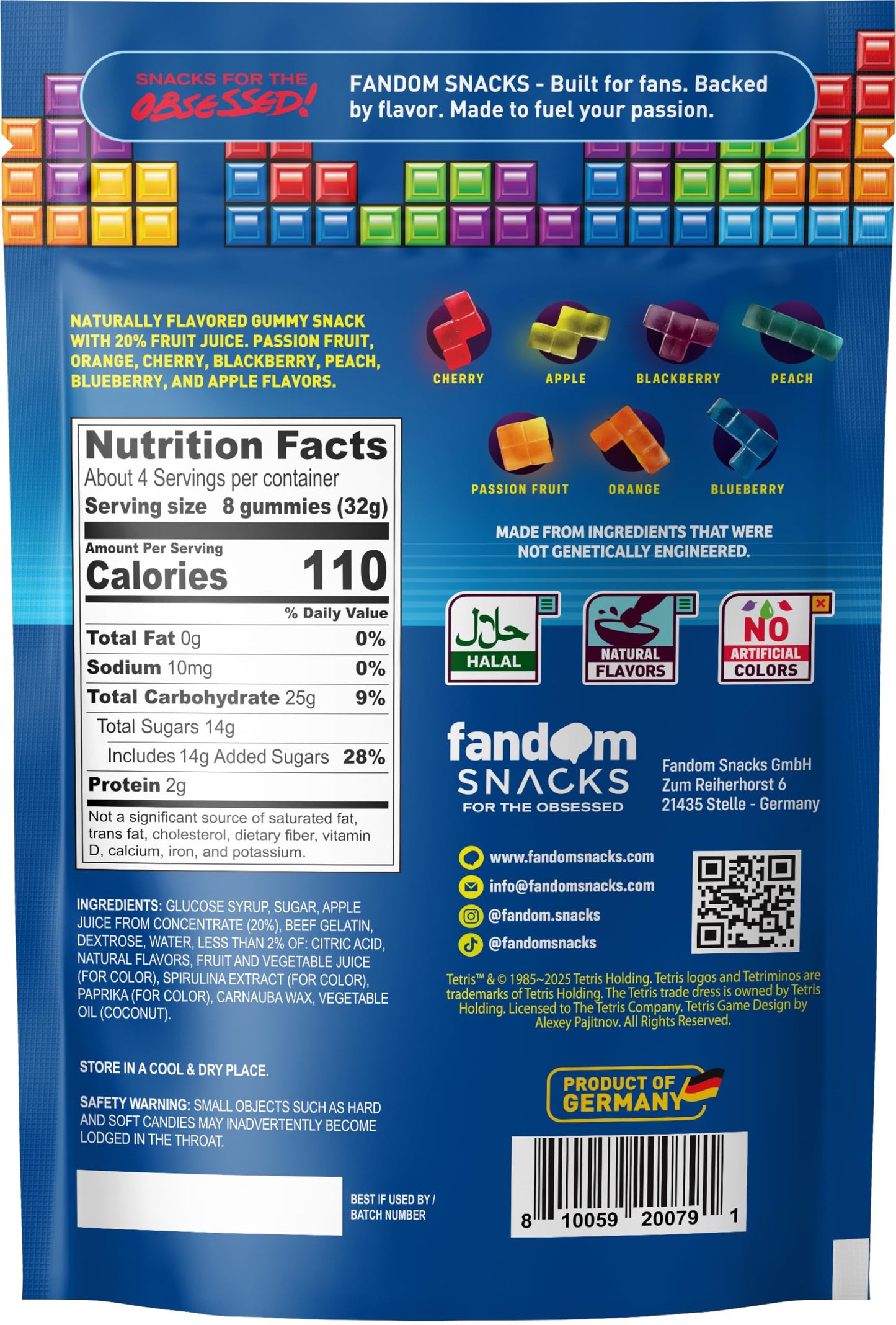 Fandom Snacks TETRIS™ Gummies, 4.4 oz - Officially Licensed TETRIS Candy, 7 Natural Flavors, Made with 20% Fruit Juice Concentrate, Tetrimino Shapes