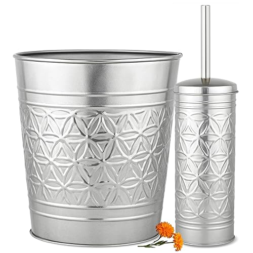 Autumn Alley Brushed Nickel Bathroom Trash Can and Toilet Brush Set - 2-Piece Silver Metal Bathroom Accessories Set, Modern Farmhouse & Transitional