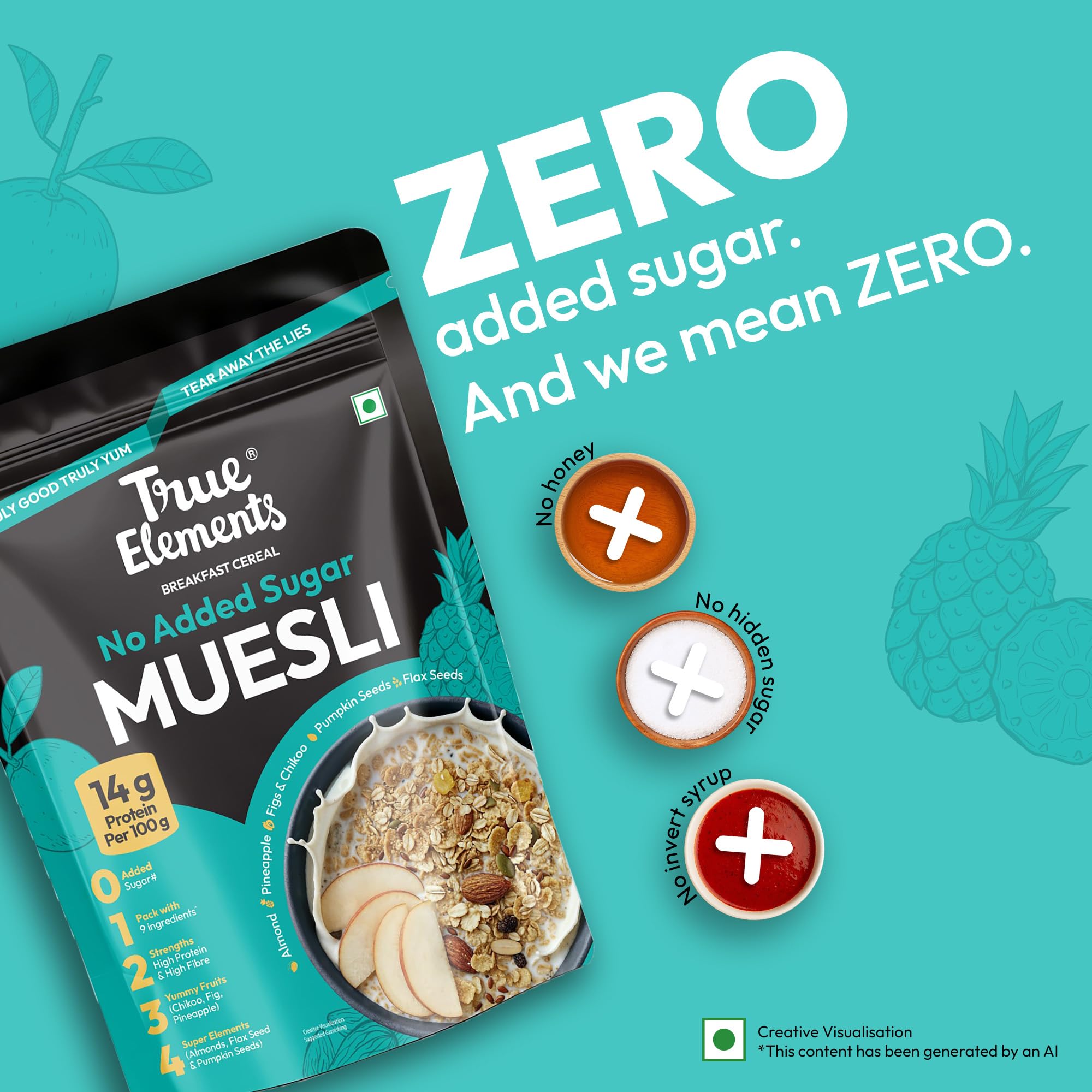 True Elements Muesli Sugar Free 1kg - Packed with 13.5g Plant Protein | Breakfast Cereal | No Added Sugar