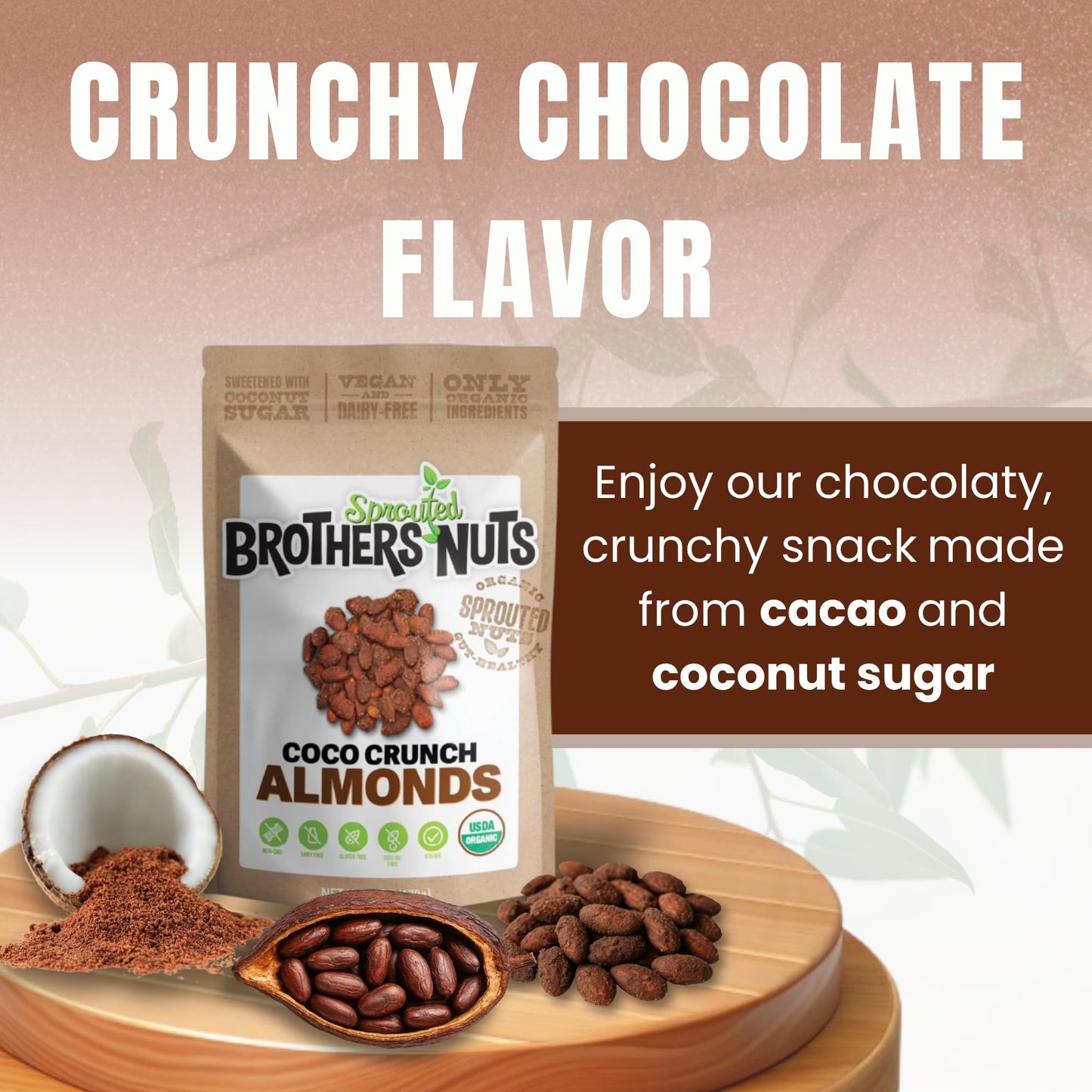 Brothers Nuts Coco Crunch Almonds - Organic, Sprouted Almonds - Healthy Keto Snack - Vegan, Gluten-Free, Kosher - No Preservatives - 6oz
