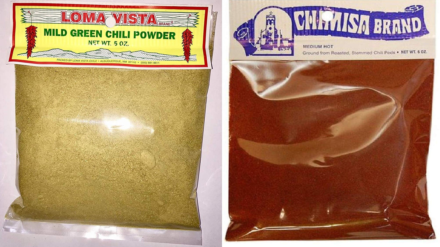 New Mexico Chili Bundle - 1 Each of Chimisa Brand Medium-Hot New Mexico Red Chili Powder (6 Ounces) and Loma Vista Mild Hatch Green Chili Powder (5