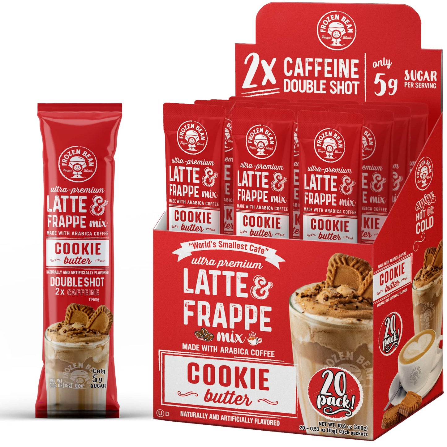 The Frozen Bean Cookie Butter Frappe & Latte Instant Mix (20 Sticks), Made with Arabica Coffee, Double Shot Caffeine, Low Sugar & Premium Ingredients