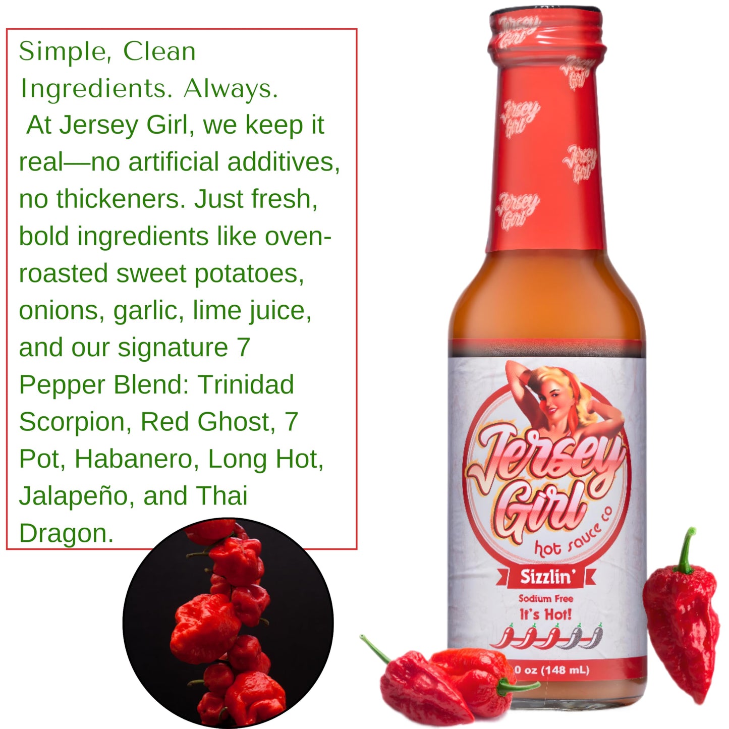 Jersey Girl Hot Sauce Co Sizzlin' No Sodium/Salt Free Hot Sauce - Made with Scorpion & Ghost Pepper 5 Oz (Spicy) All Natural Ingredients