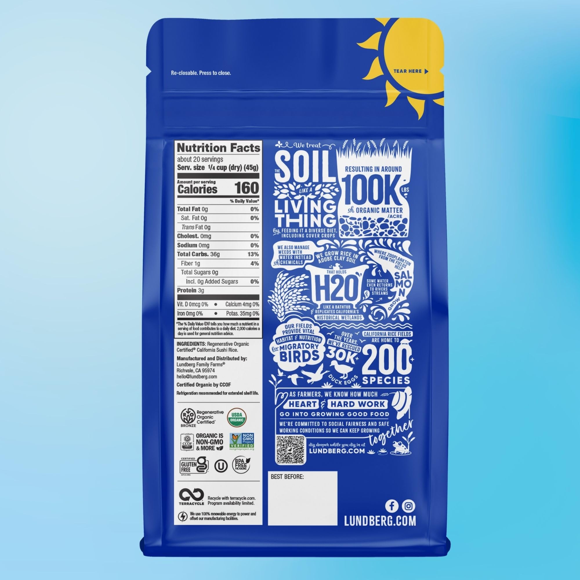 Lundberg Sushi Rice, Sticky White Japanese-Style Short Grains, Regenerative Organic Certified, 32 Oz