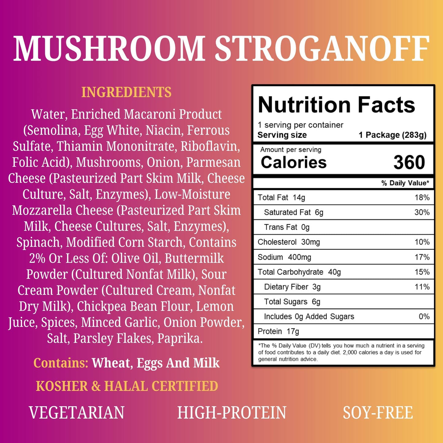 My Own Meals Mushroom Stroganoff Dairy - Rotini Pasta, Cheese Sauce, kosher shelf stable meal