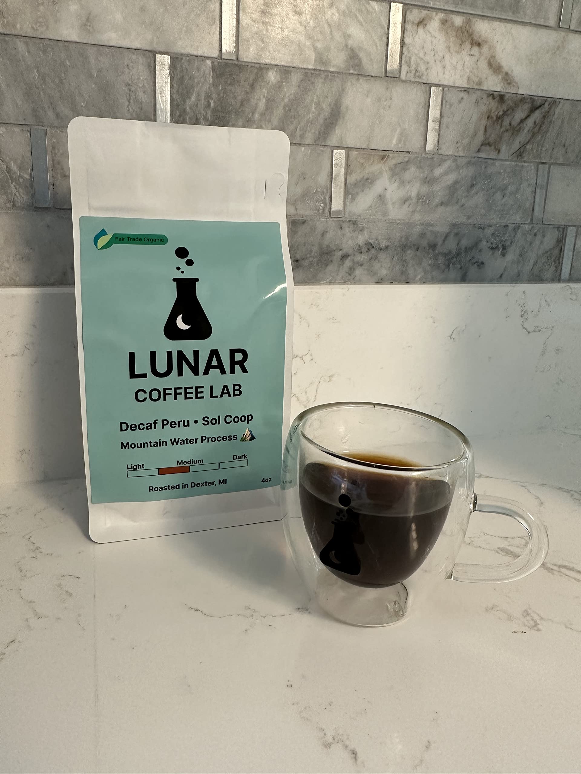 Lunar Coffee Lab Coffee Organic Decaf Peru 4oz - Swiss Water Process - Fair Trade Sustainably Grown Coffee - Farmer Coop - Medium Light Roast