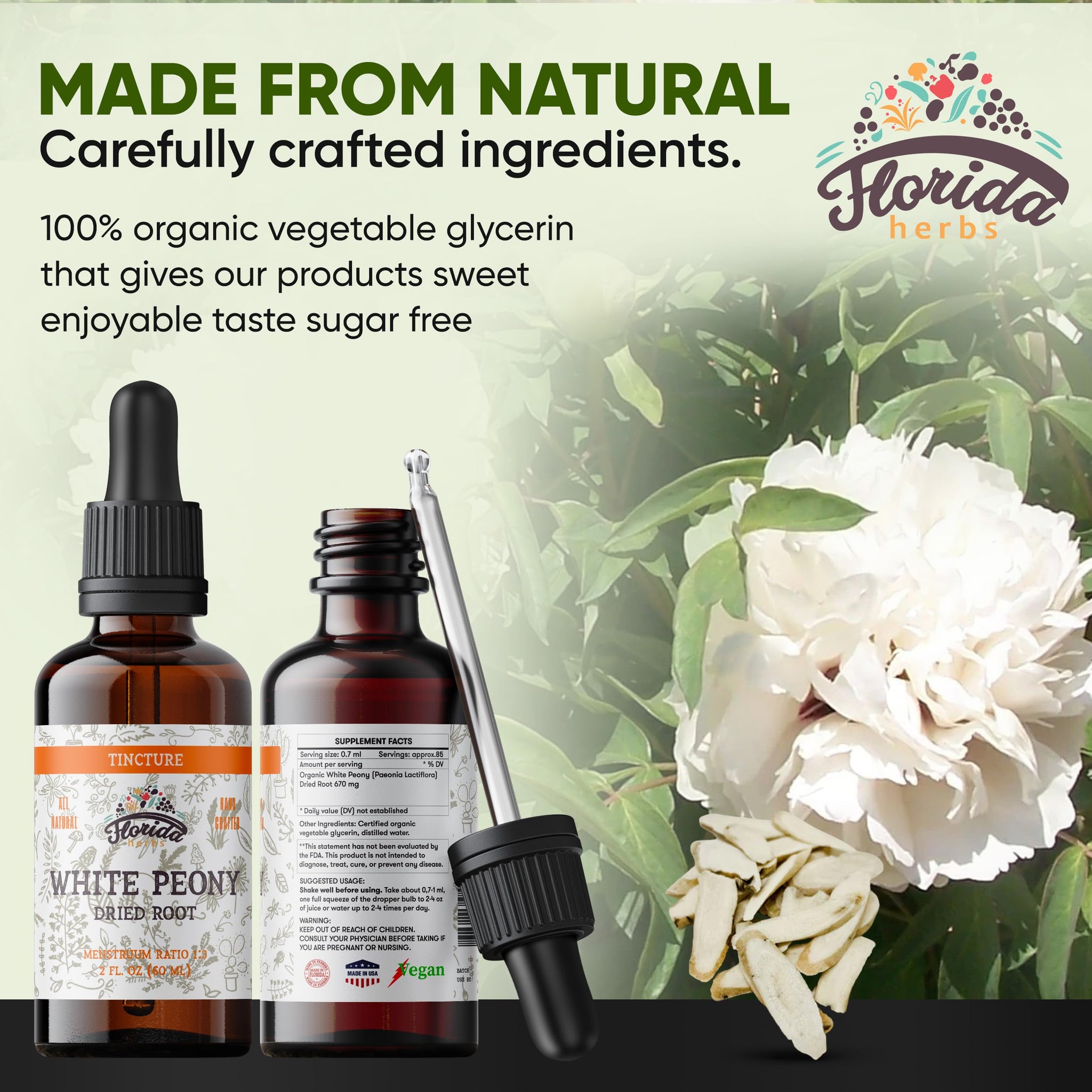 FLORIDA HERBS White Peony Tincture, Organic White Peony Extract (Paeonia Lactiflora) Root, Non-GMO in Cold-Pressed Organic Vegetable Glycerin 2 oz