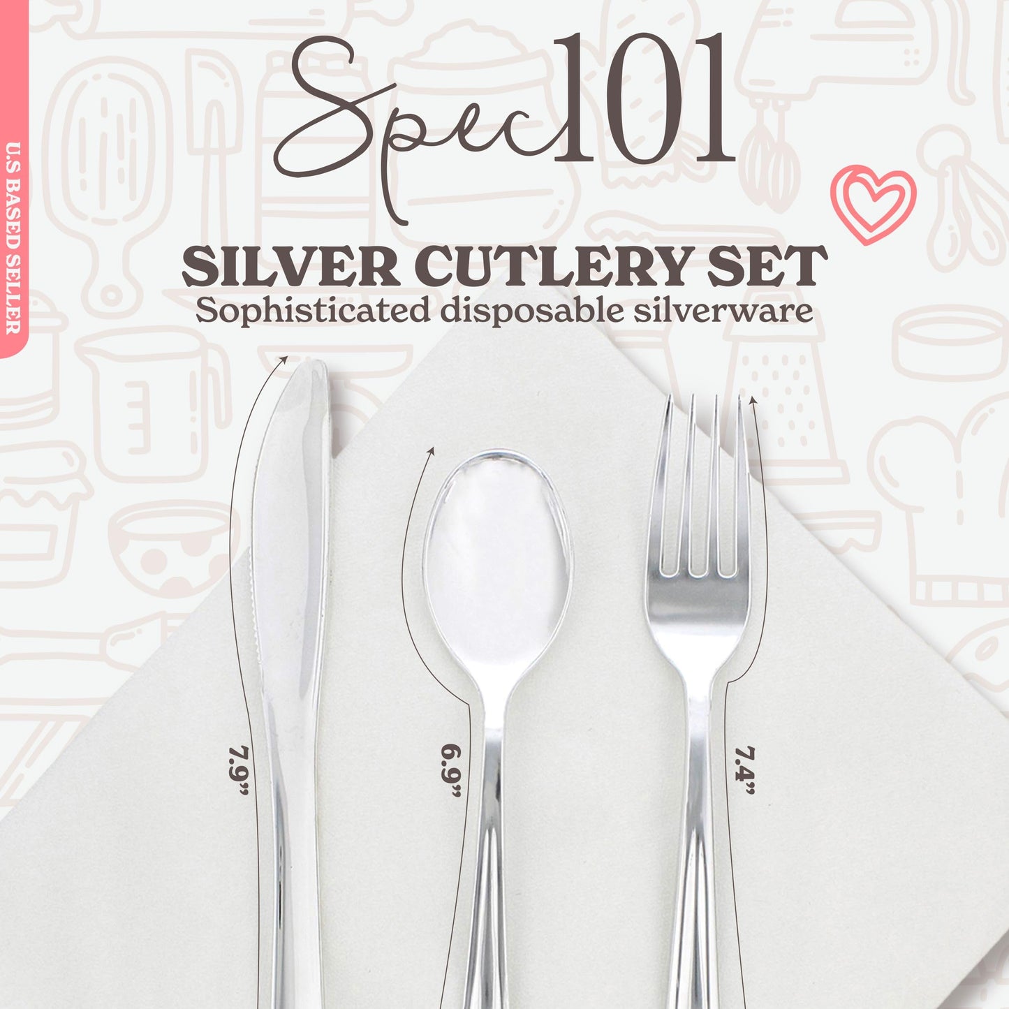 Spec101 Silver Plastic Silverware Sets for Parties Set of 300 - Pre Rolled Disposable Cutlery Individually Wrapped Plastic Utensils Set with Napkins