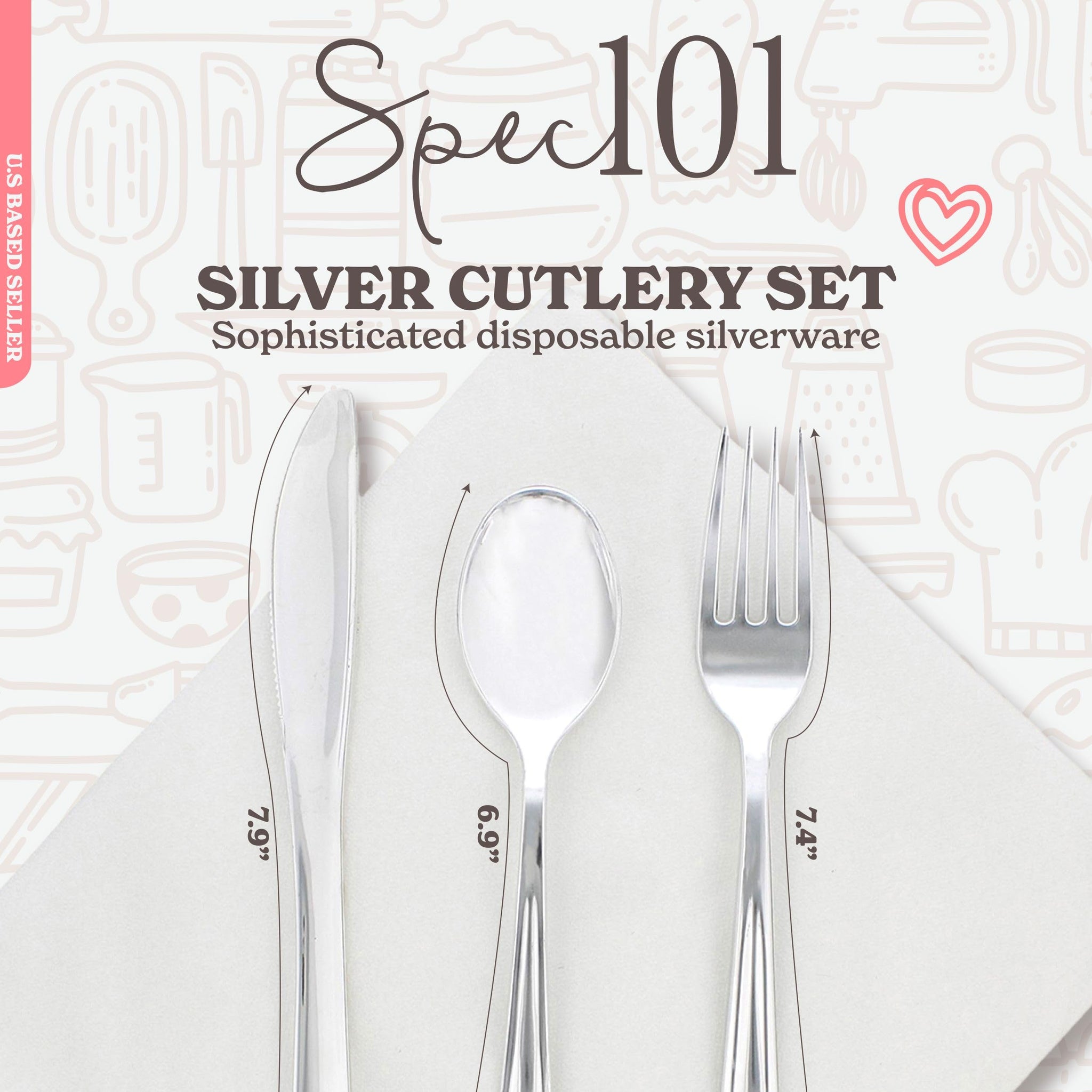 Spec101 Silver Plastic Silverware Sets for Parties Set of 300 - Pre Rolled Disposable Cutlery Individually Wrapped Plastic Utensils Set with Napkins