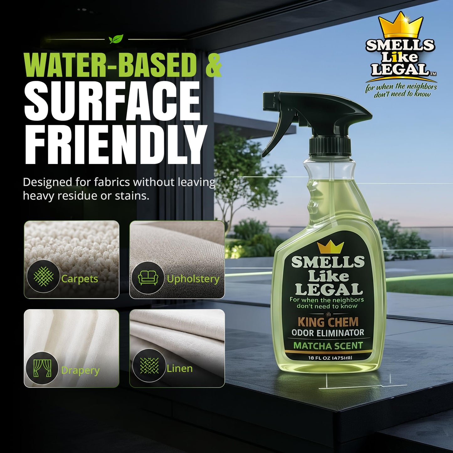 Smells Like Legal™ Matcha Odor Eliminator Spray - Powerful Commercial-Grade - Eliminates Smoke, Pet & Food Odors at source - Fabric-Safe, Non-Staining