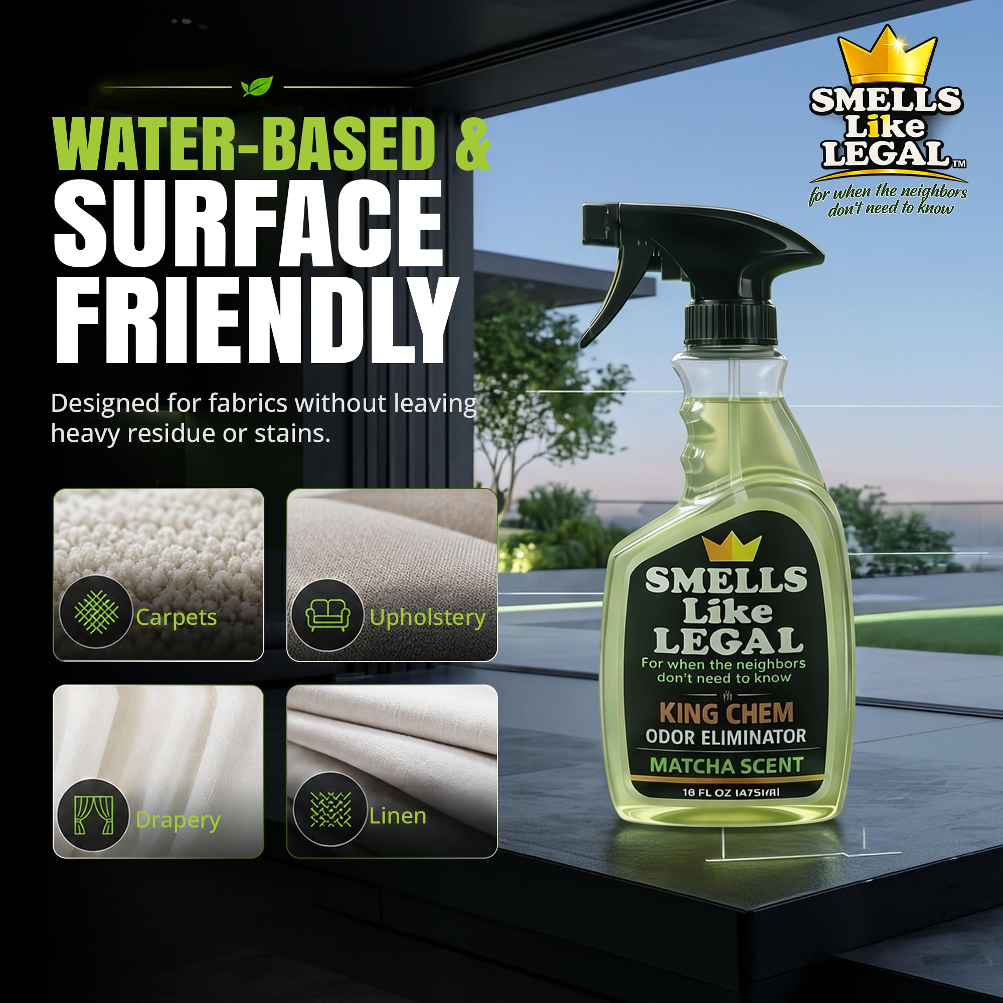 Smells Like Legal™ Matcha Odor Eliminator Spray - Powerful Commercial-Grade - Eliminates Smoke, Pet & Food Odors at source - Fabric-Safe, Non-Staining