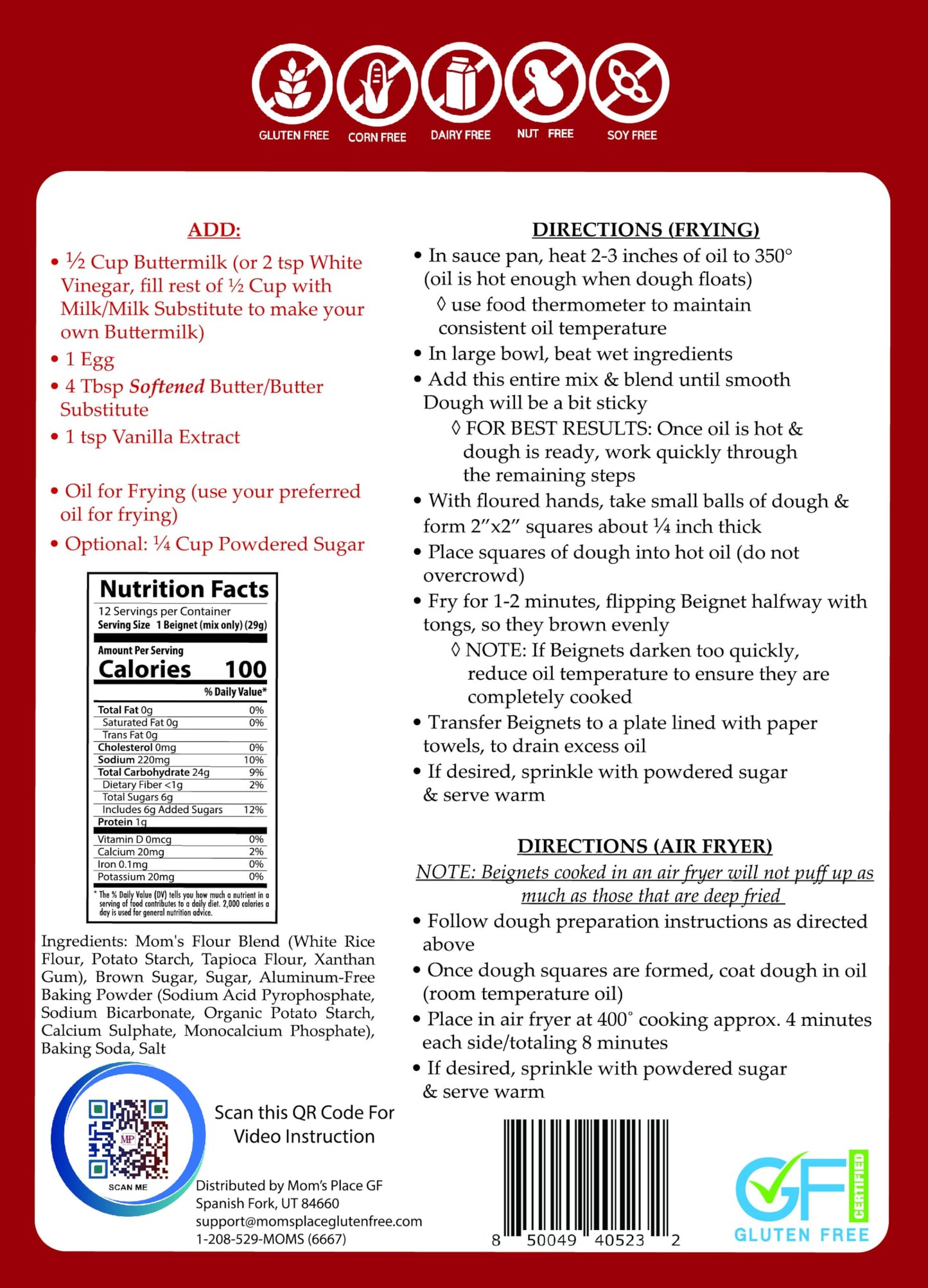 Mom's Place Gluten-Free Classic Beignet Mix, Easy to Make, Nut Free, Dairy Free & Soy Free, 12 Servings, 12.4 oz.