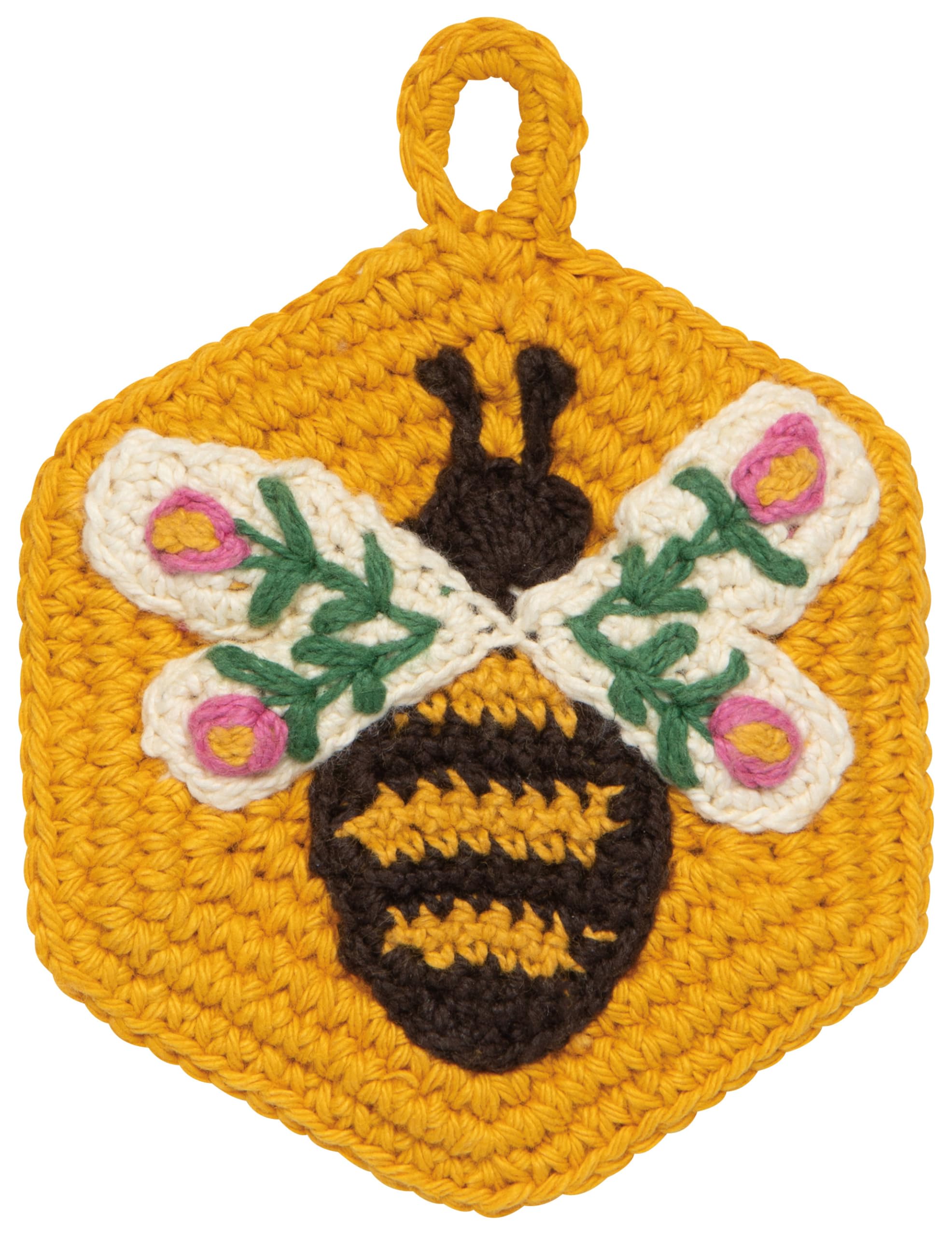 Now Designs Bee Garden Crochet Sponges Set of 2, Hand-Crocheted 100% Cotton, W4 x L4in, Artisanal Kitchen Scrubbing Sponges