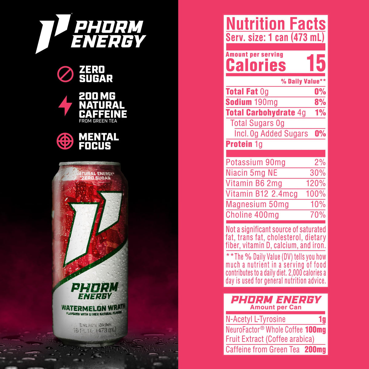 Phorm Energy Drink, Watermelon Wrath, Sugar Free, 16 oz 12 Pack