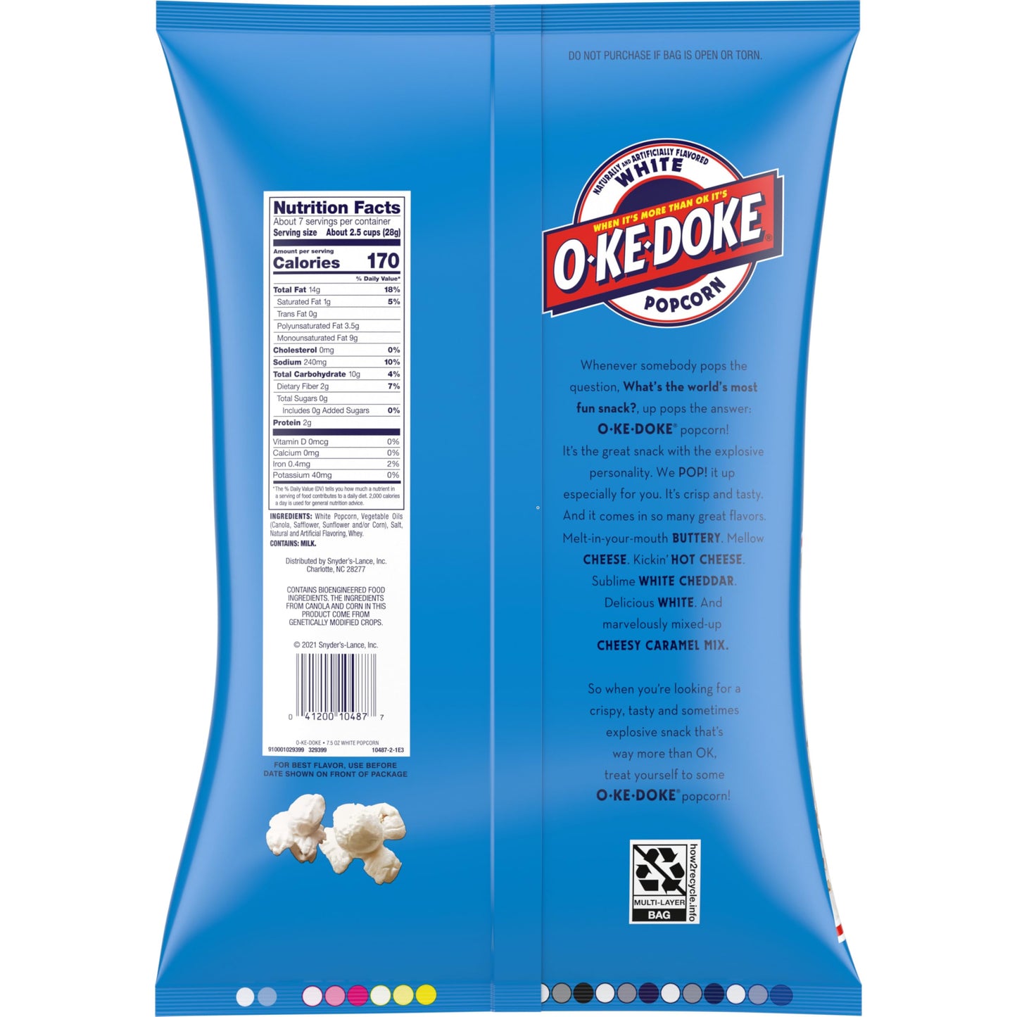 O-Ke-Doke Popcorn, White Popcorn, 7.5 Oz Bag