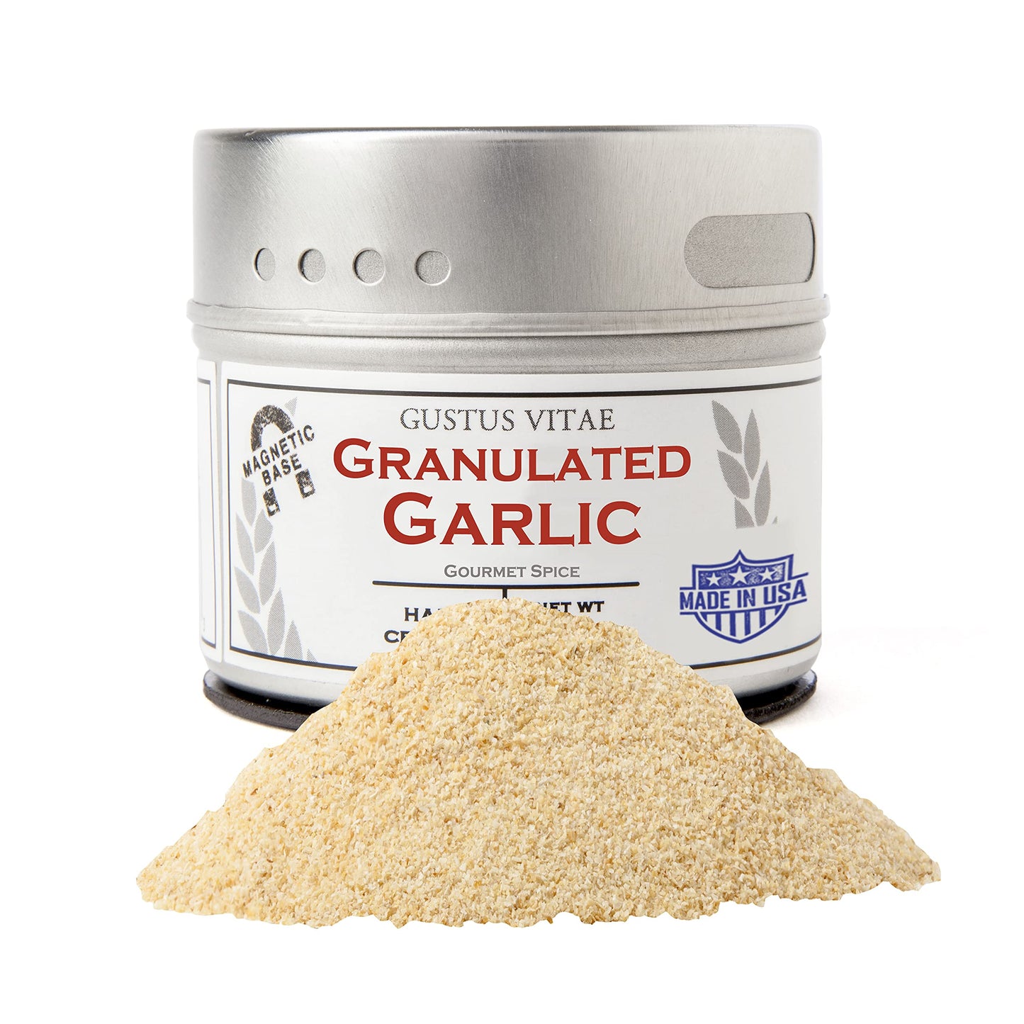 Granulated Garlic | All Natural, Non GMO | Made in USA | Sustainably Sourced, Not Irradiated | Hand Packed in Small Batches | Unique Magnetic Tin |