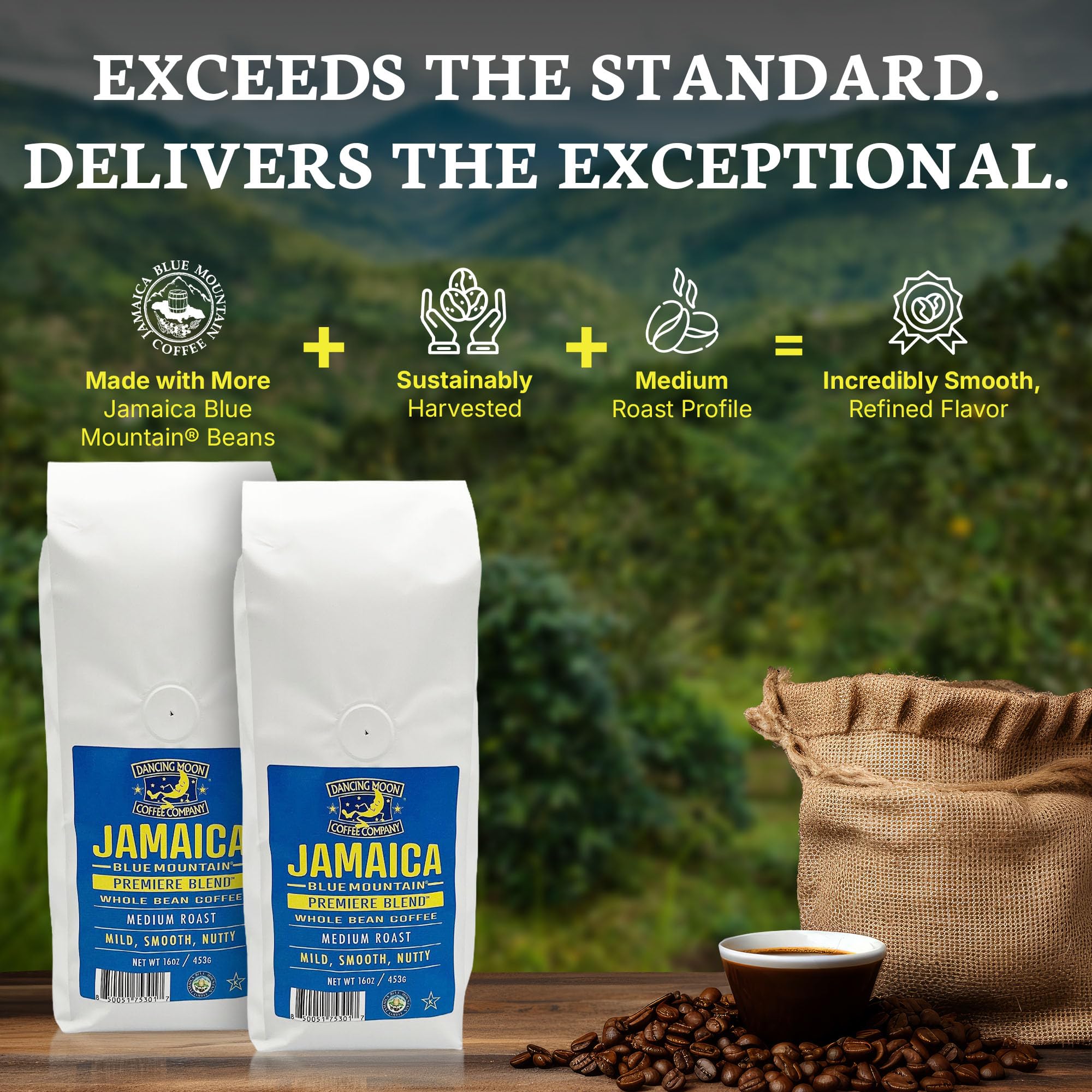 Dancing Moon Jamaica Blue Mountain® Premiere Blend, Medium Roast, WHOLE BEAN Coffee