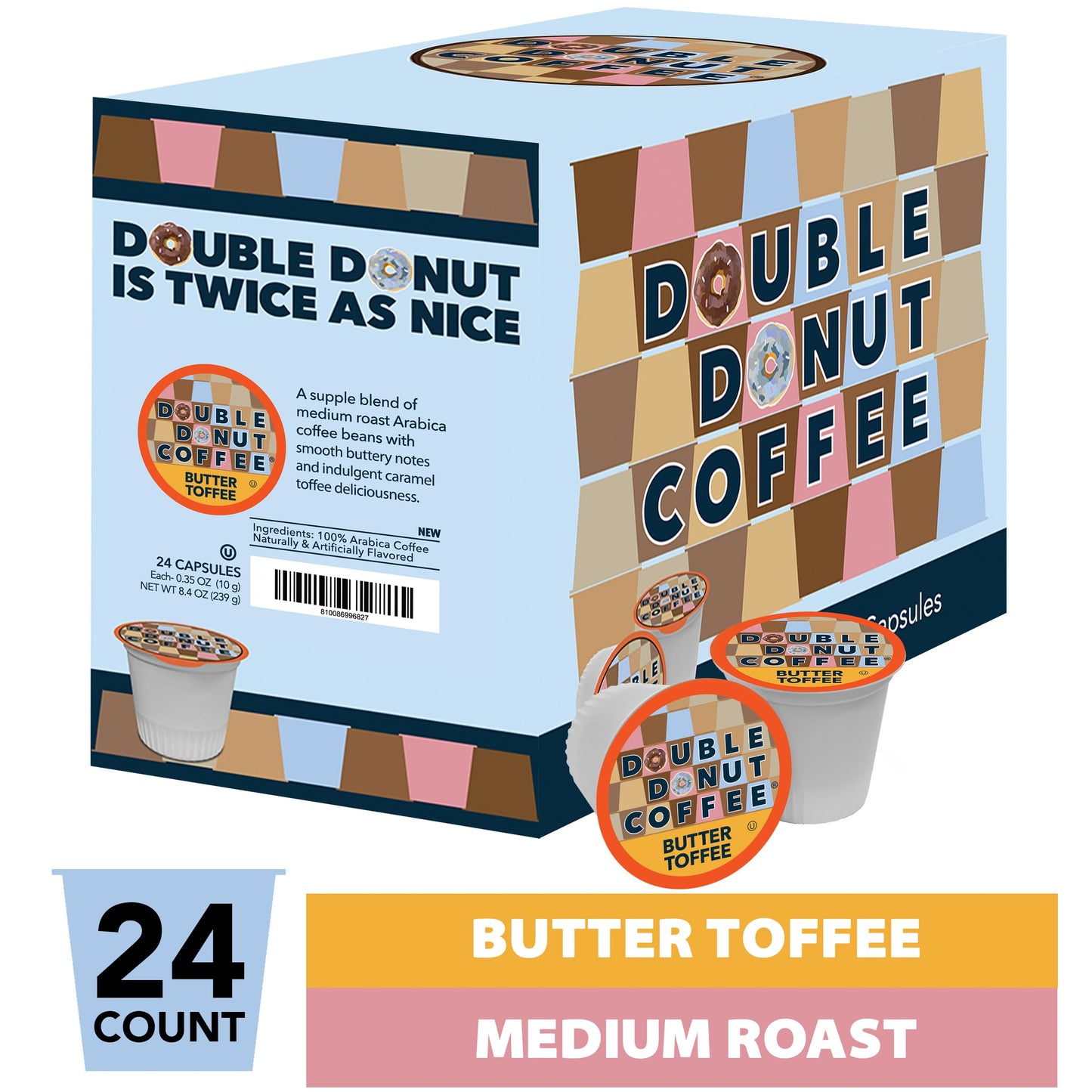 Double Donut Coffee Flavored Coffee Pods,Butter Toffee Coffee, Single Serve Medium Roast Coffee for Keurig K Cups Brewers, 24 Count