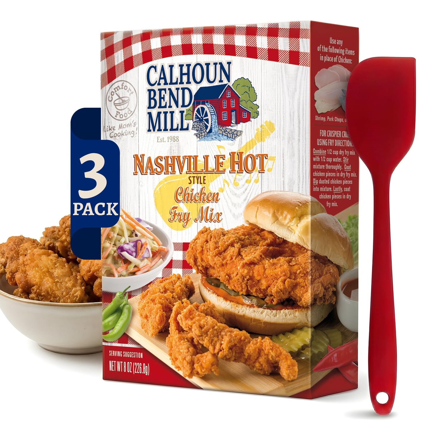 Calhoun Bend Mill Nashville Hot Style Crispy Fry Mix with Spatula - Spicy Southern Seasoning for Hot Chicken Tenders and Sandwiches - Fiery Flavor