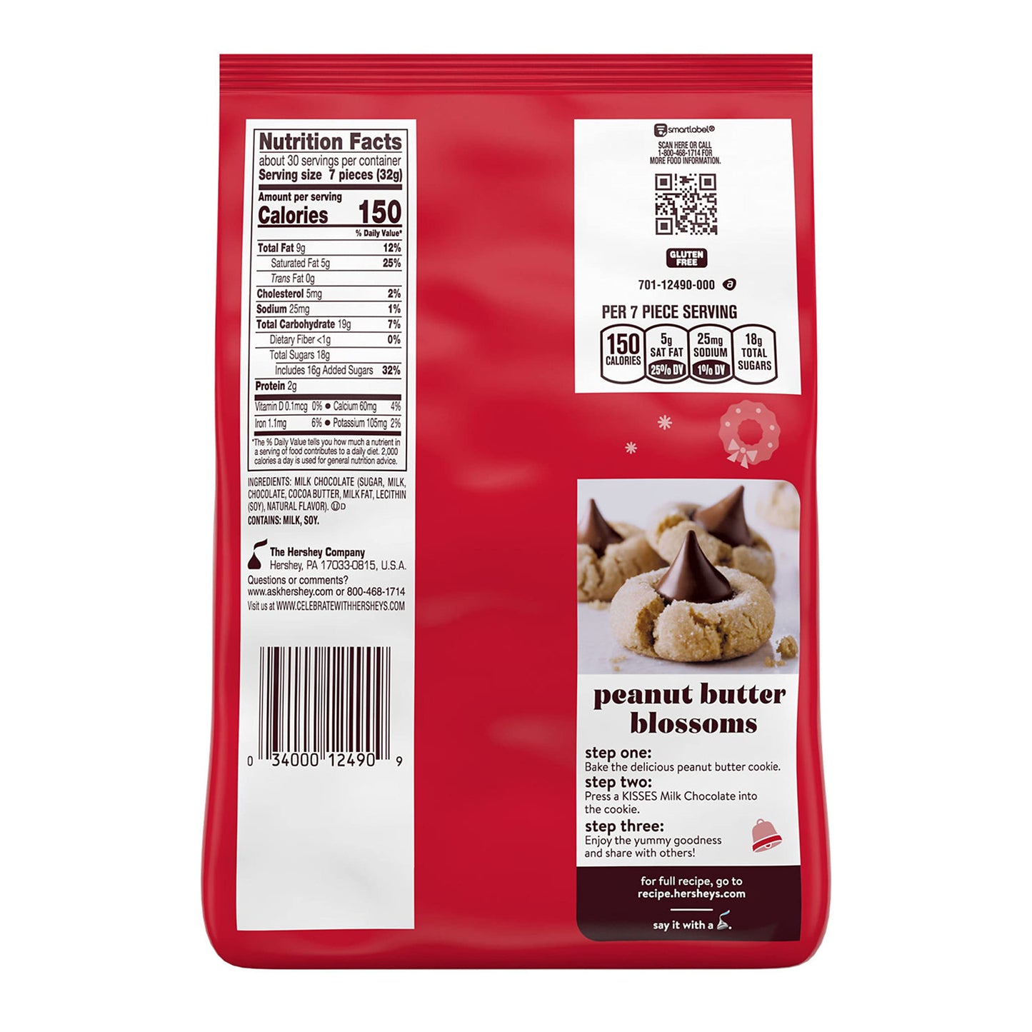 HERSHEY'S KISSES Milk Chocolate, Christmas Candy Bag, 34.1 oz