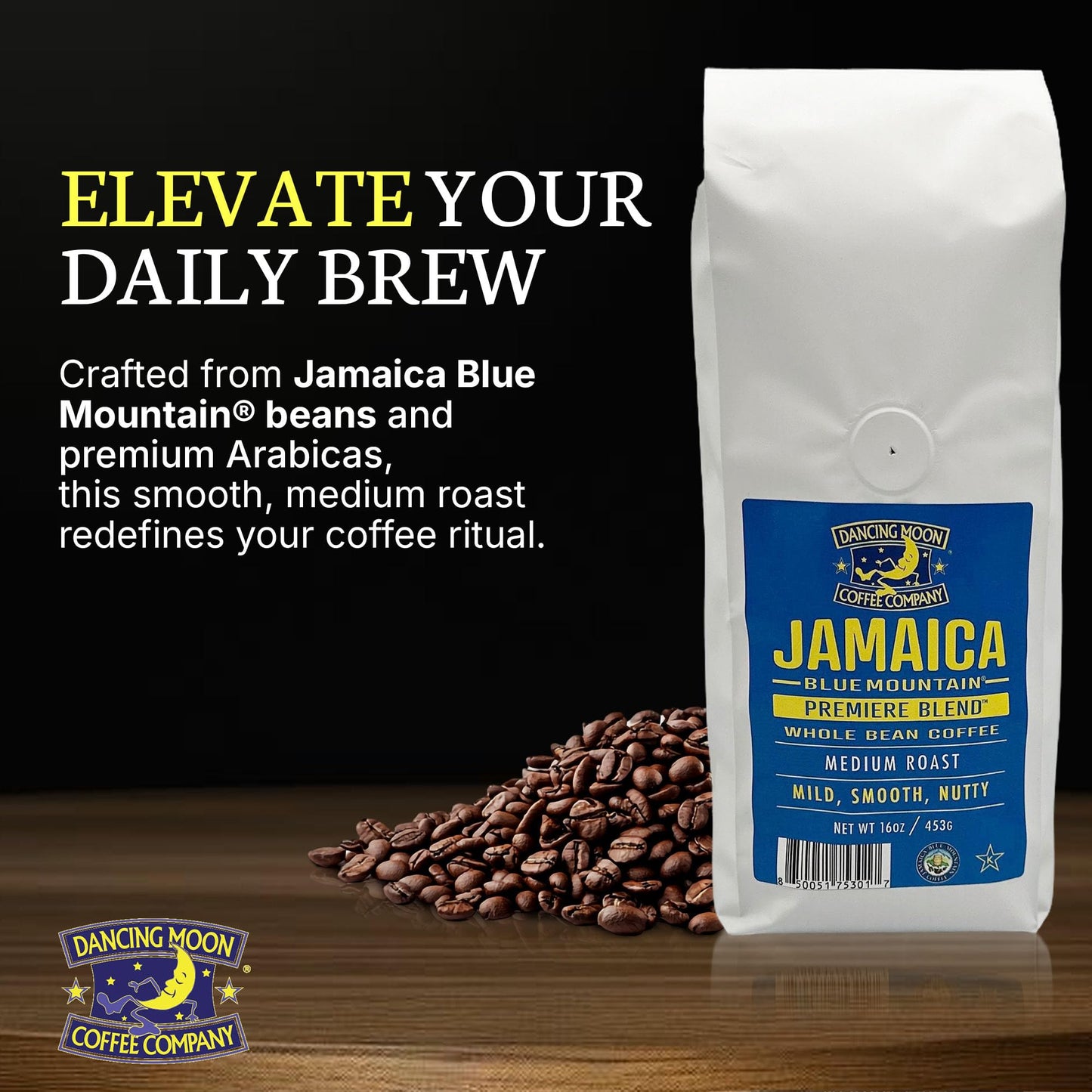 Dancing Moon Jamaica Blue Mountain® Premiere Blend, Medium Roast, WHOLE BEAN Coffee