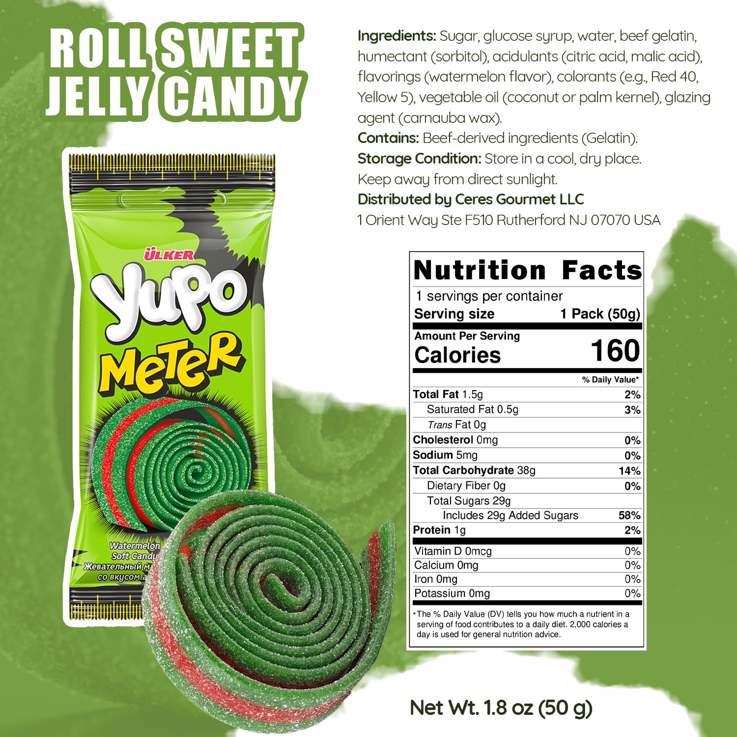 Ceres Gourmet Sour Gummy Bulk Candy Belts 24 Pack (1.76oz Each) Individual Packets, Watermelon Flavored Sugar Coated Ribbon Candy Strips, Soft Chewy