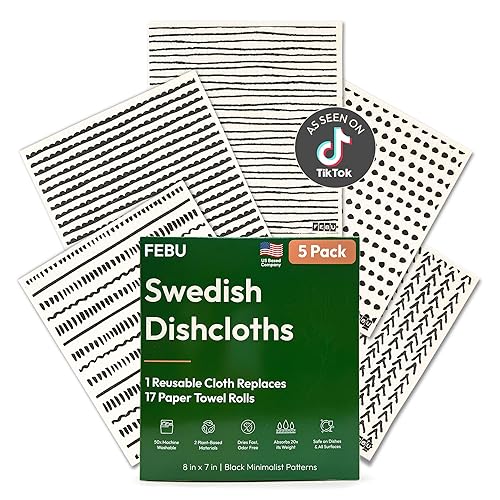 FEBU Swedish Dishcloths for Kitchen | 5 Pack Black Minimalist Reusable Paper Towels Washable | Swedish Dish Towels | Non-Scratch Cellulose Sponge