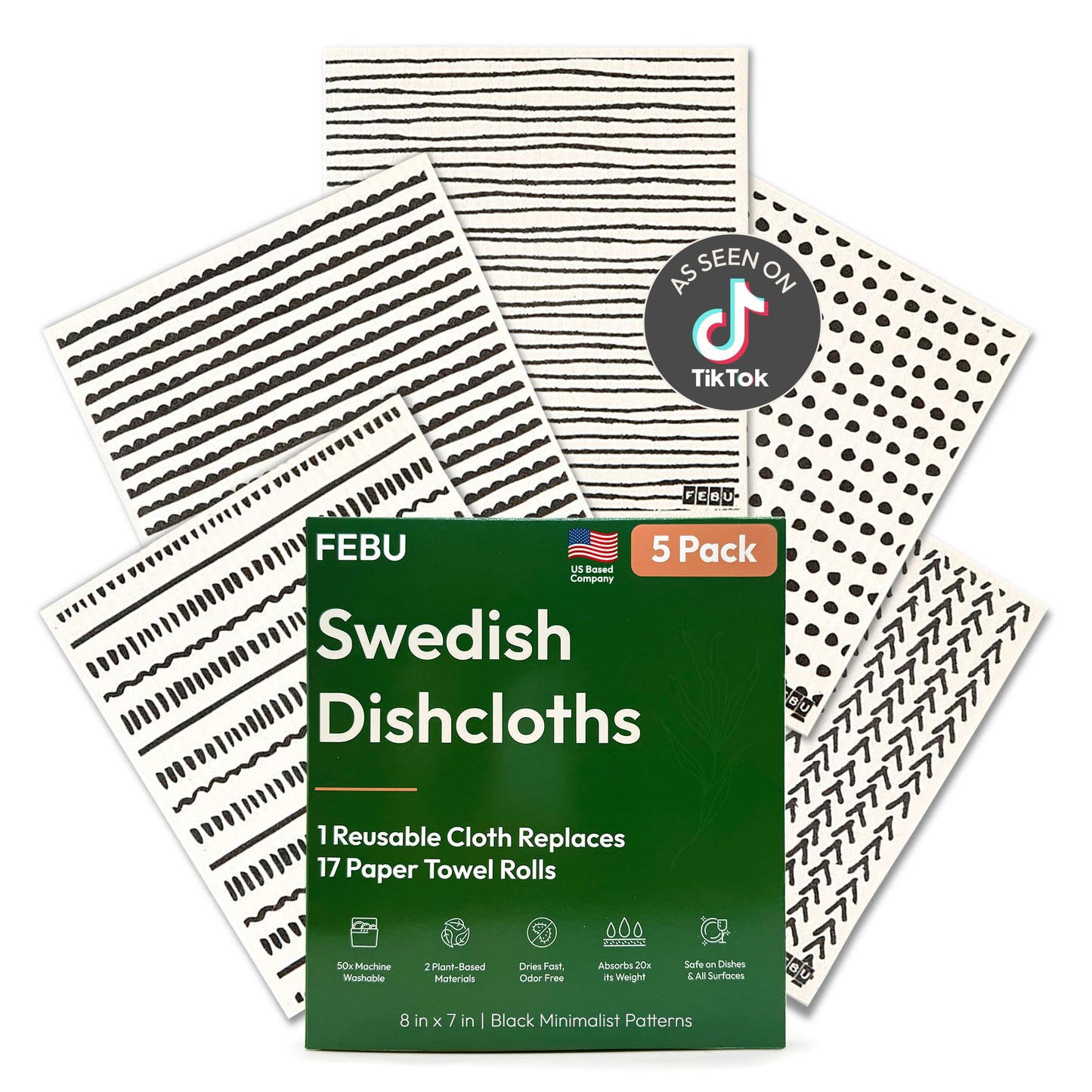 FEBU Swedish Dishcloths for Kitchen | 5 Pack Black Minimalist Reusable Paper Towels Washable | Swedish Dish Towels | Non-Scratch Cellulose Sponge