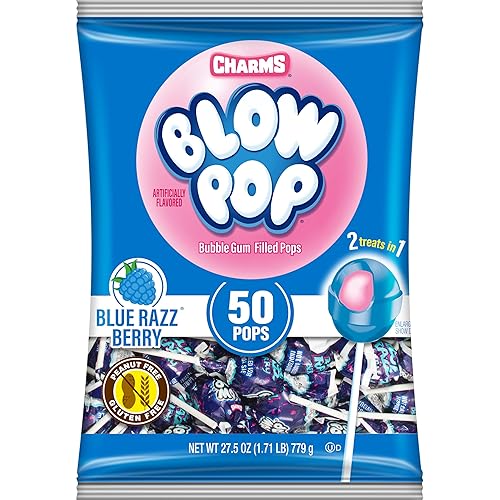 Charms Blow Pop Single Flavor Bag - Blue Raspberry Flavored Lollipops with a Bubble Gum Center - Individually Wrapped Hard Candy - Blue Candy - Peanut