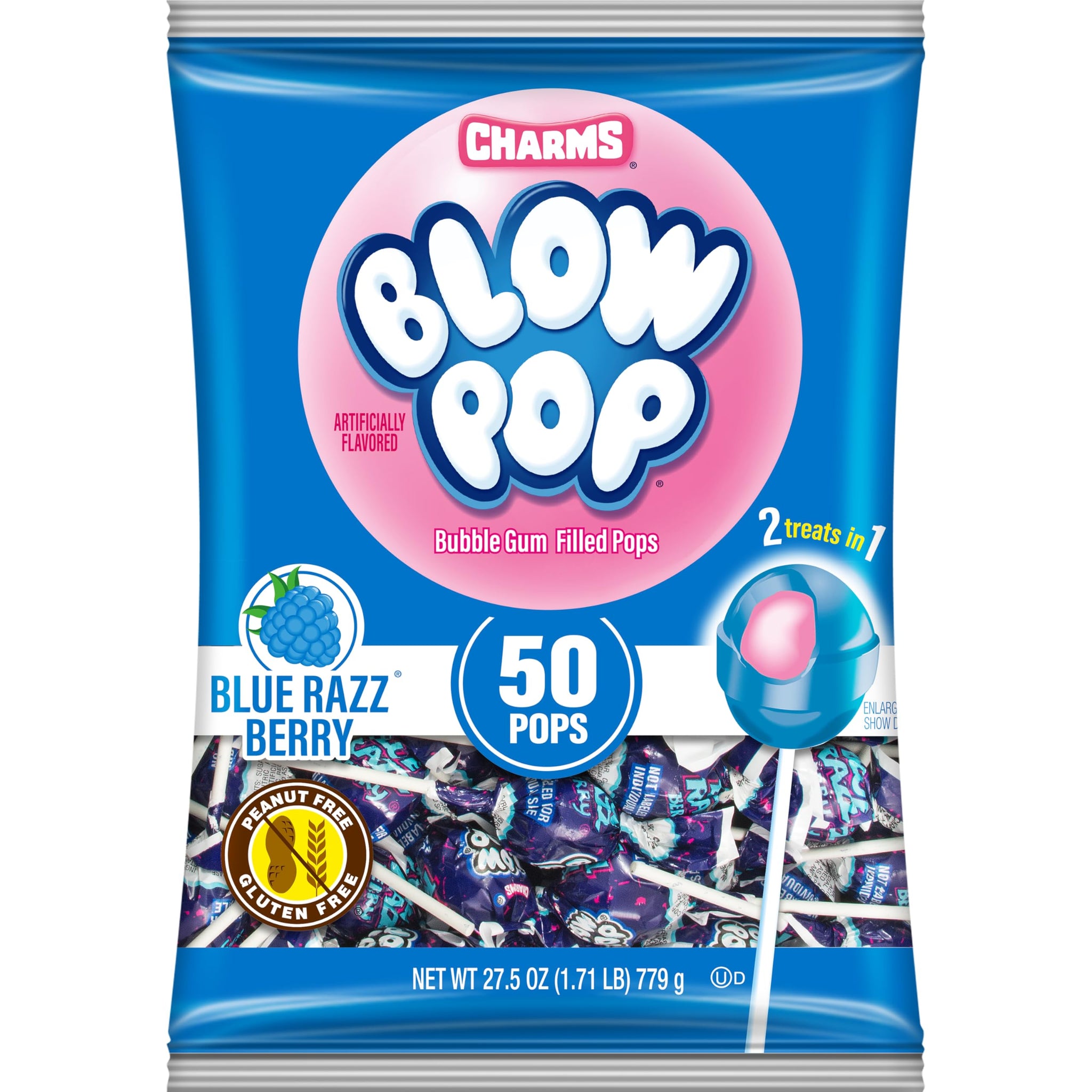 Charms Blow Pop Single Flavor Bag - Blue Raspberry Flavored Lollipops with a Bubble Gum Center - Individually Wrapped Hard Candy - Blue Candy - Peanut