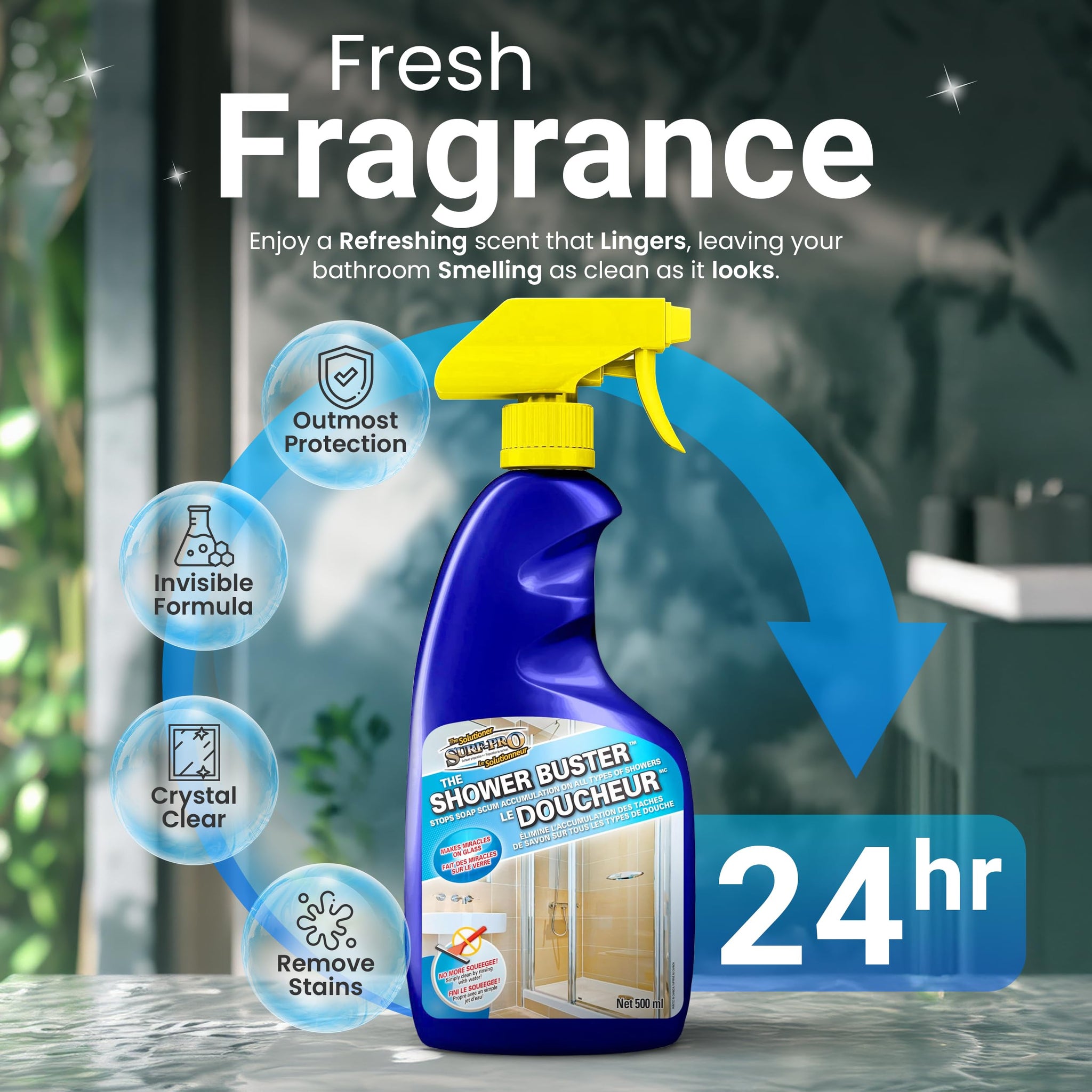SURF PRO Shower Glass Door Cleaner - Shower Buster Spray for Soap Scum & Hard Water Stains - No Scrub Bathroom Cleaner for Glass, Tile, Chrome