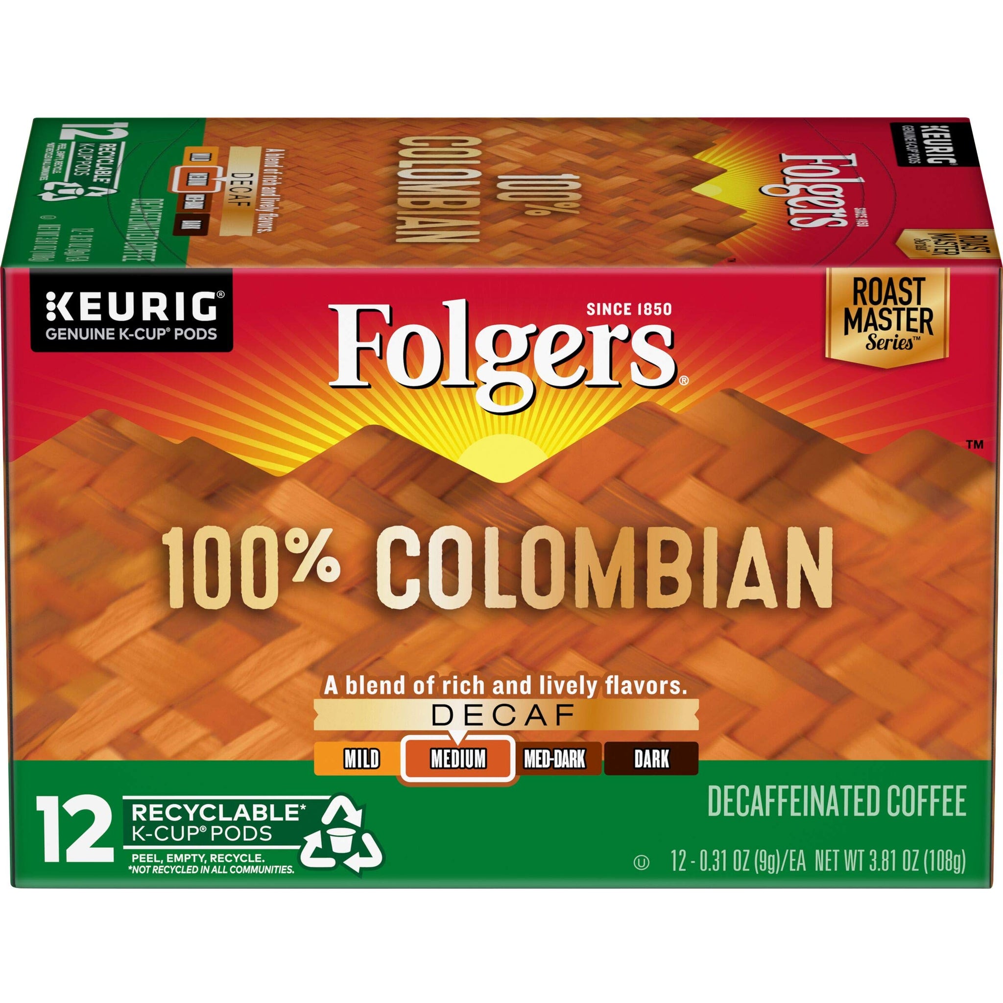 Folgers 100% Colombian Decaf Medium Roast Coffee, 12 Keurig K-Cup Pods