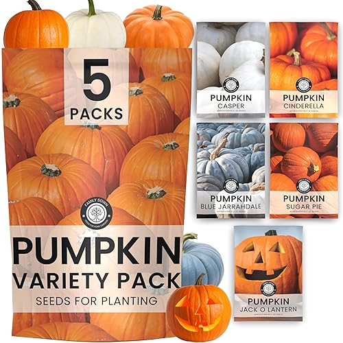 Pumpkin Seeds | 5 Invidiual Packs | 2026 Season | Non-GMO | Jack O Lantern, Sugar Pie, Casper, Cinderella & Blue Jarrahdale! | for Planting Indoor