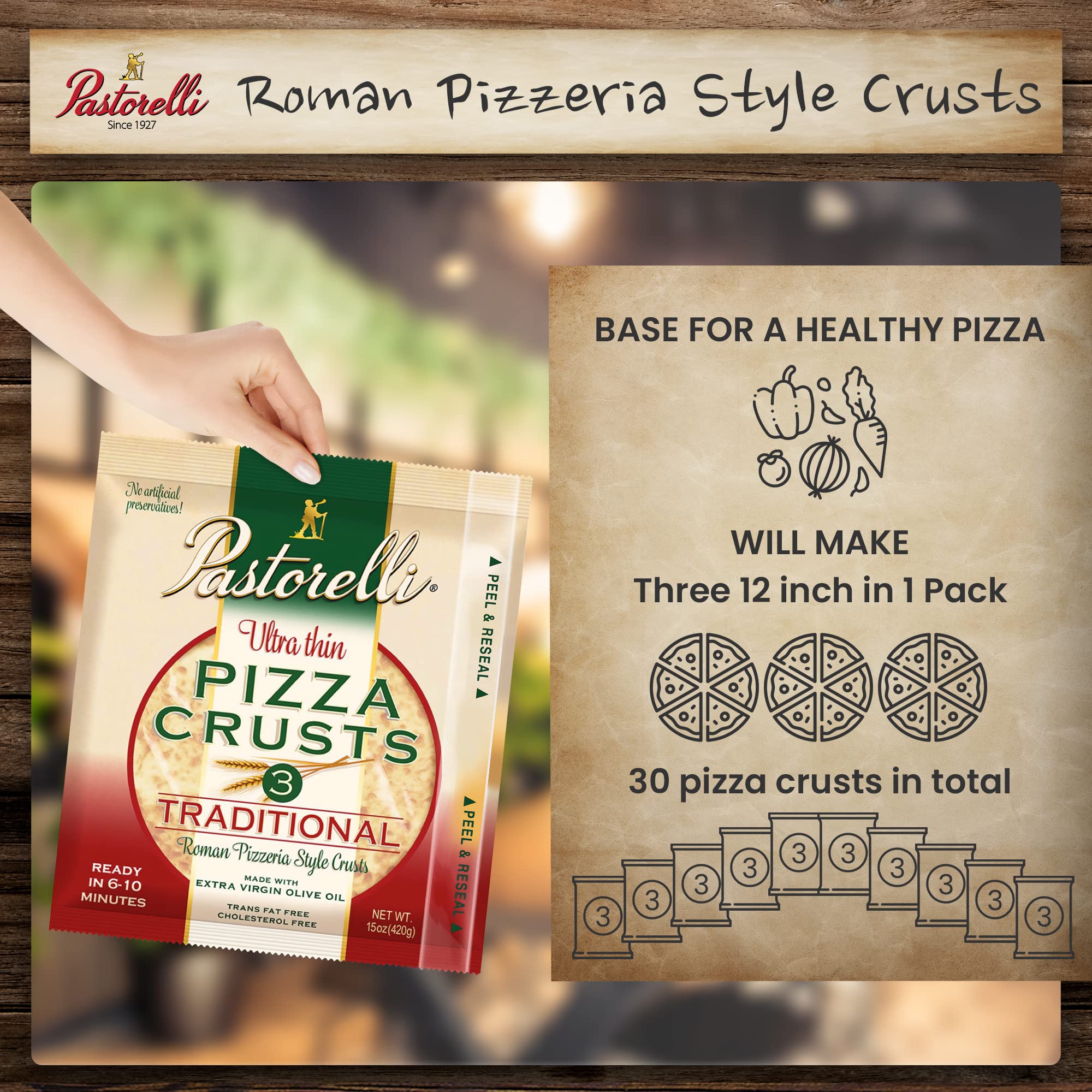 Pastorelli® Traditional Ultra Thin Pizza Crust, Crispy, Pre-made Pizza Base, Low Sodium, 12-inch, 3 Crusts, Pack of 10