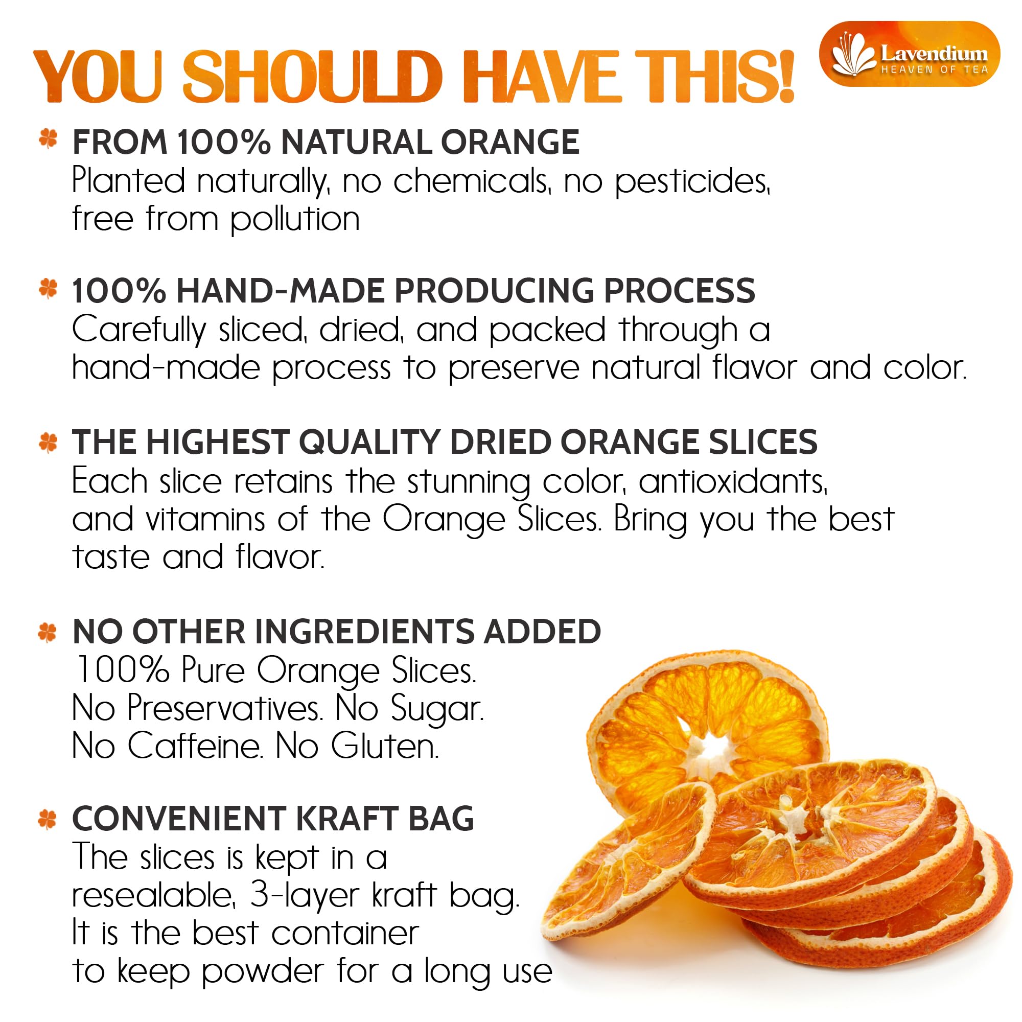 Lavendium, Premium 6oz Dried Orange Slices, 100% Natural & Pure, No Additives or Preservatives, Non-GMO, Plant-Based & Vegan, Perfect for Tea