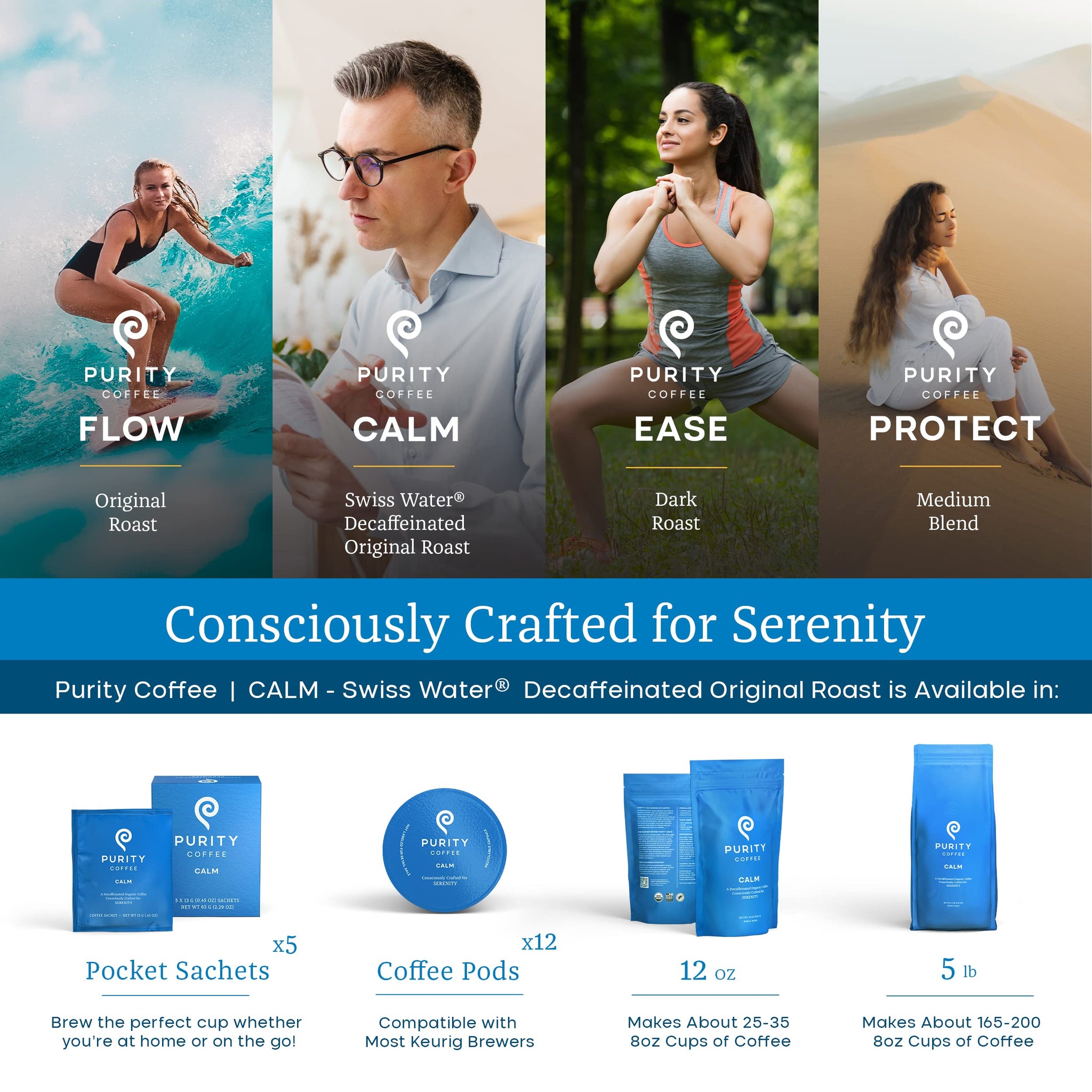 Purity Coffee CALM Decaf Medium Roast Whole Bean (12oz Bag) | Specialty-Grade USDA Organic Mountain Water Process Decaffeinated Blend | Third Party