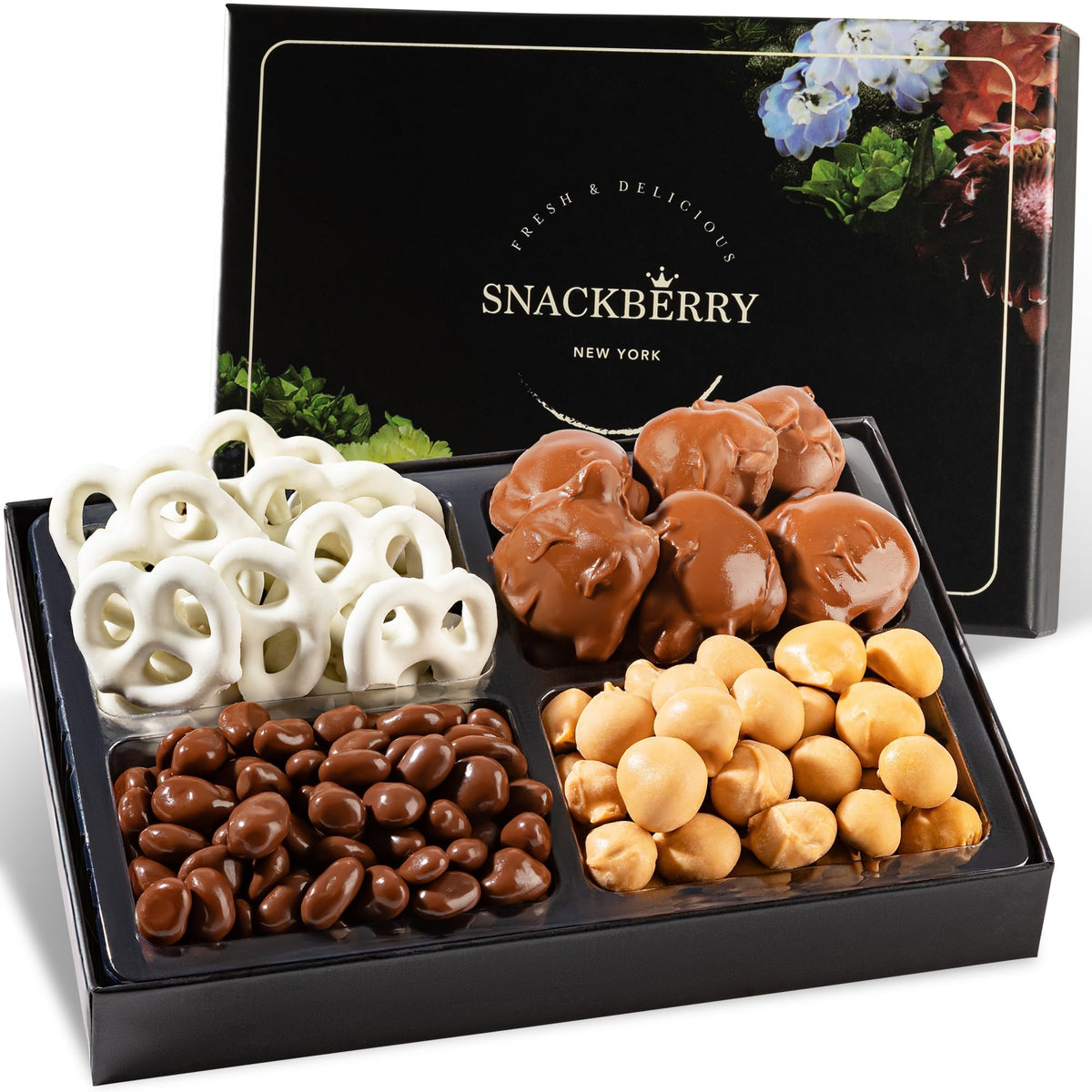 12-Pack Snackberry Gourmet Chocolate Gift Platter - Assorted Treats with Chocolate Pecan, Maple Nuts, Yogurt Pretzels & Chocolate Raisins - Perfect