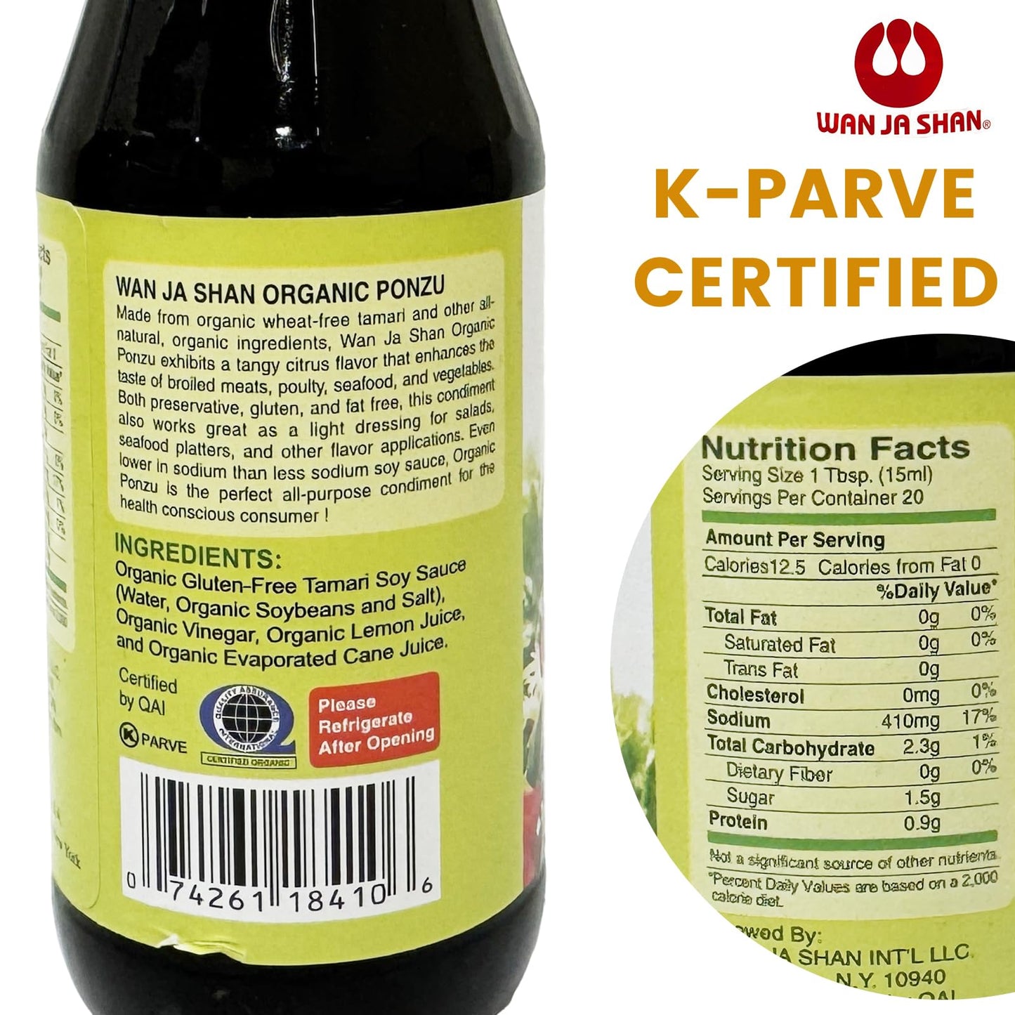 Wan Ja Shan Oragnic Ponzu, Citrus Seasoned Soy Sauce & Dressing. USDA Certified Organic, Gluten Free, Kosher Certified, Handcarfted and Brewed in New
