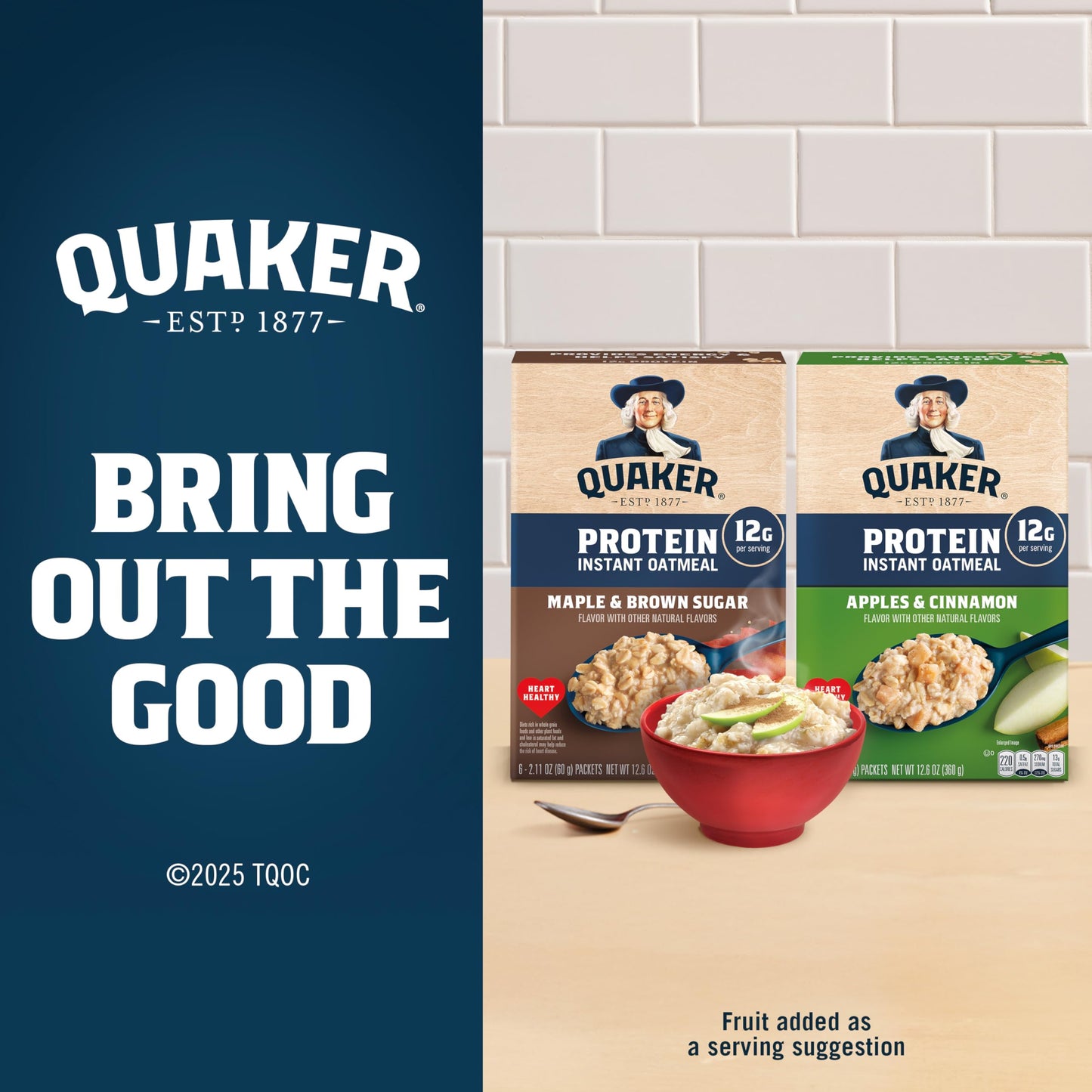 Quaker Protein Instant Oatmeal, Apple Cinnamon, 12g Protein per Serving, Whole Grains, No Artificial Flavors, No Added Colors, 2.11 oz Packets, (6