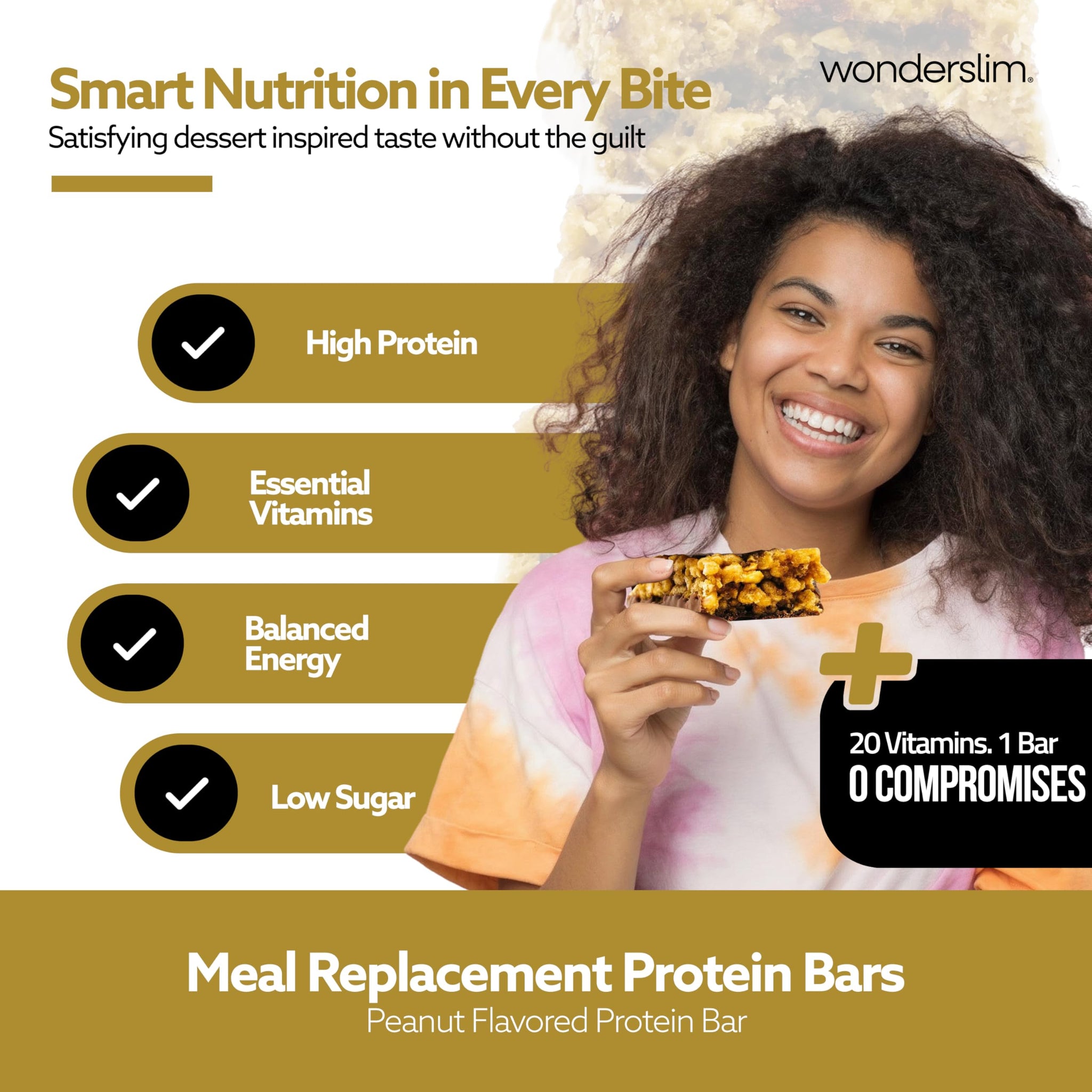 WonderSlim Meal Replacement Protein Bar, Peanut, 15g Protein, 20 Vitamins & Minerals, Gluten Free (7ct)