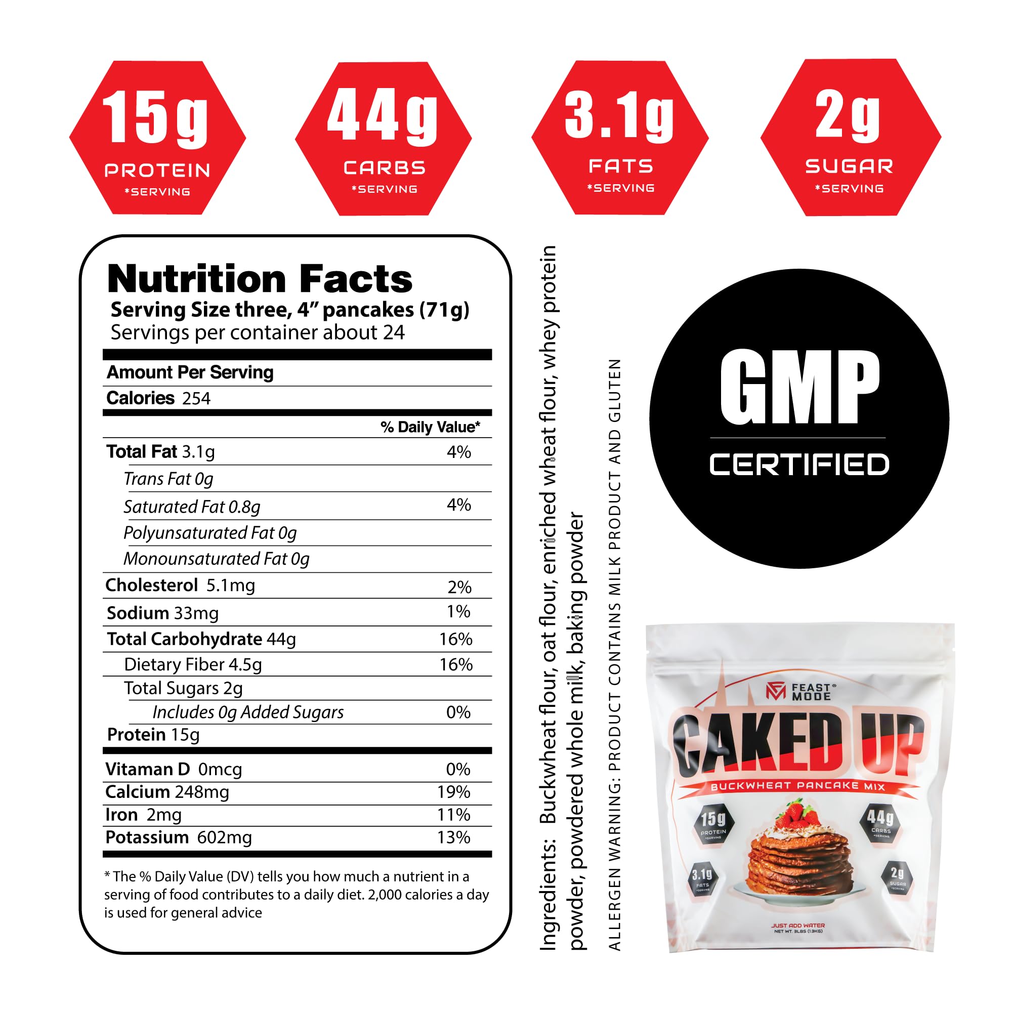Caked Up Protein Pancake Mix by Feast Mode Flavors | Buckwheat Pancakes | 3 Pound Bag | Clean complex carbohydrates | High Protein | Soy free | Zero Artificial Sweetners