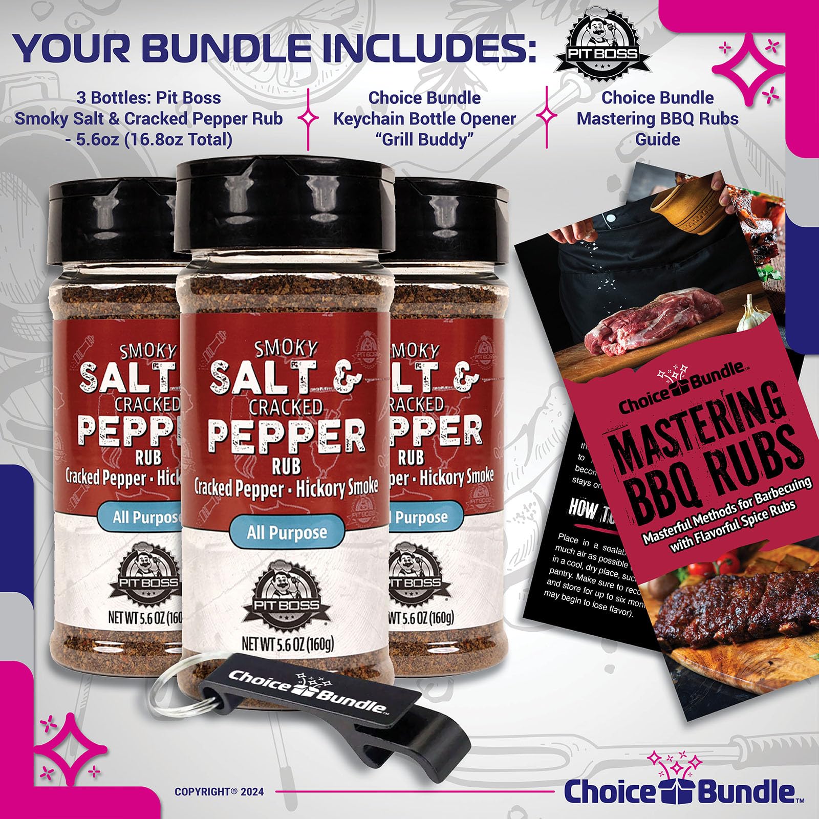 Pit Boss Smoky Salt & Cracked Pepper All Purpose AP Premium BBQ Barbecue Mixed Seasoning Spice & Rub 3 pk Choice Bundle (16.8 oz) + Guide & Keychain